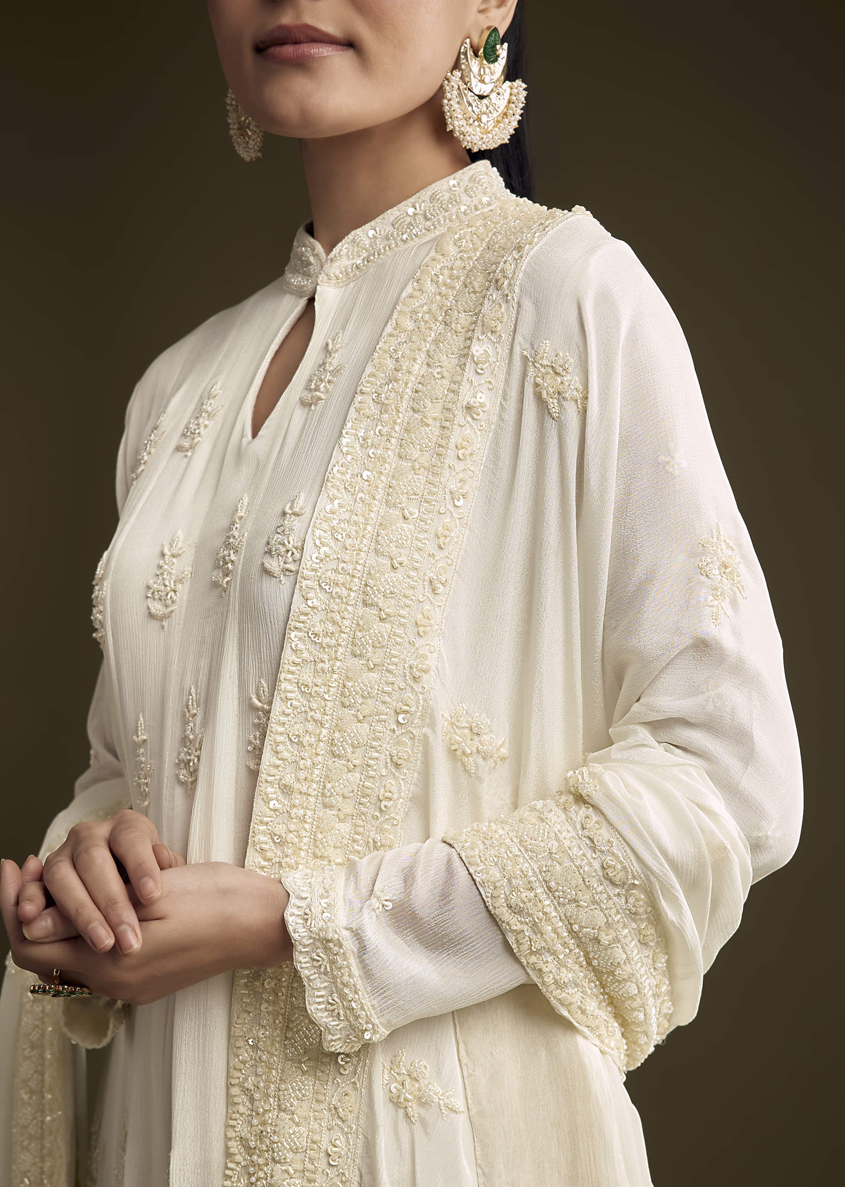 White Chinon Anarkali Suit With Heavy Hand Embroidery - Image 2
