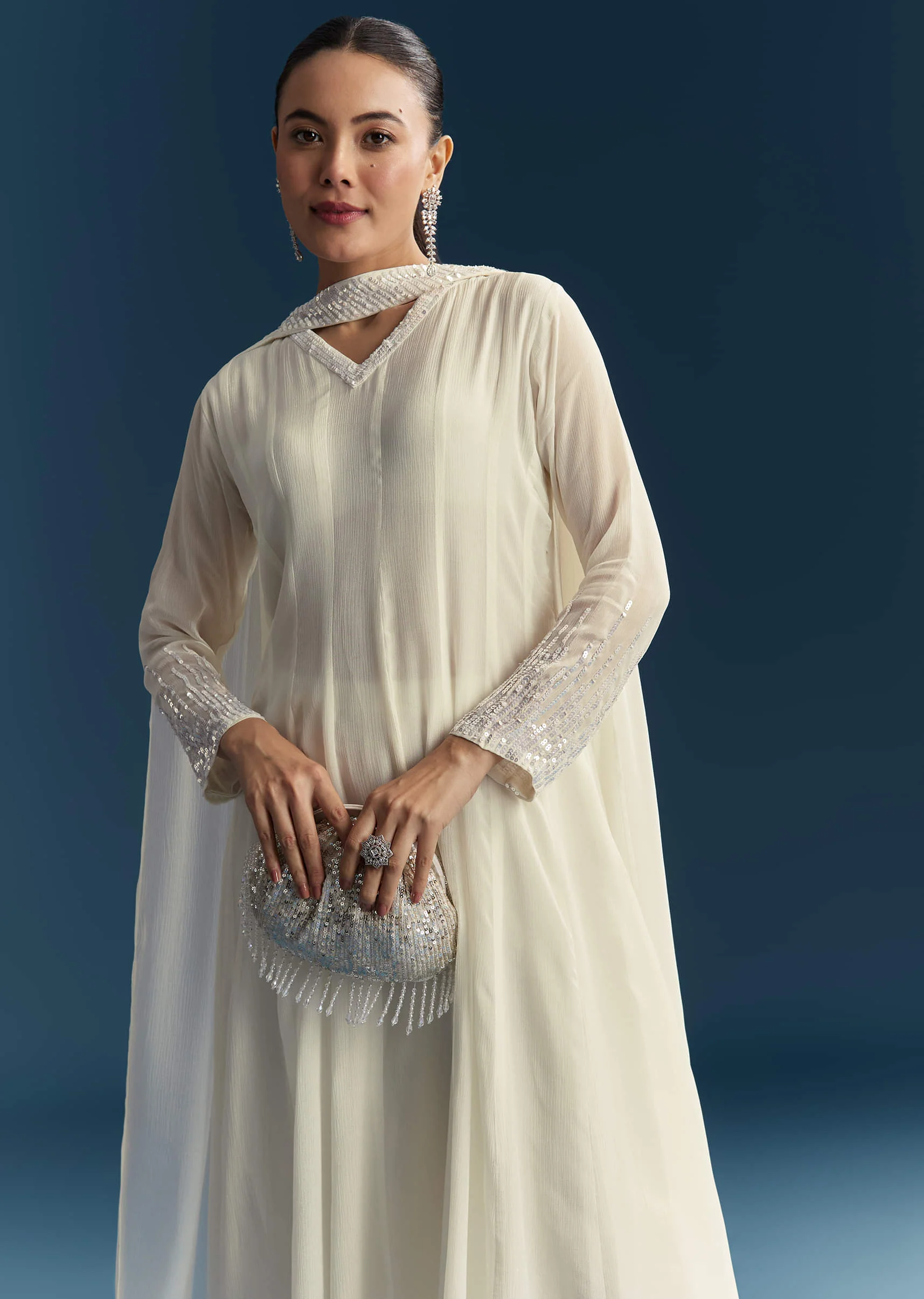 White Chinon Anarkali Suit With Sequins Work - Image 2
