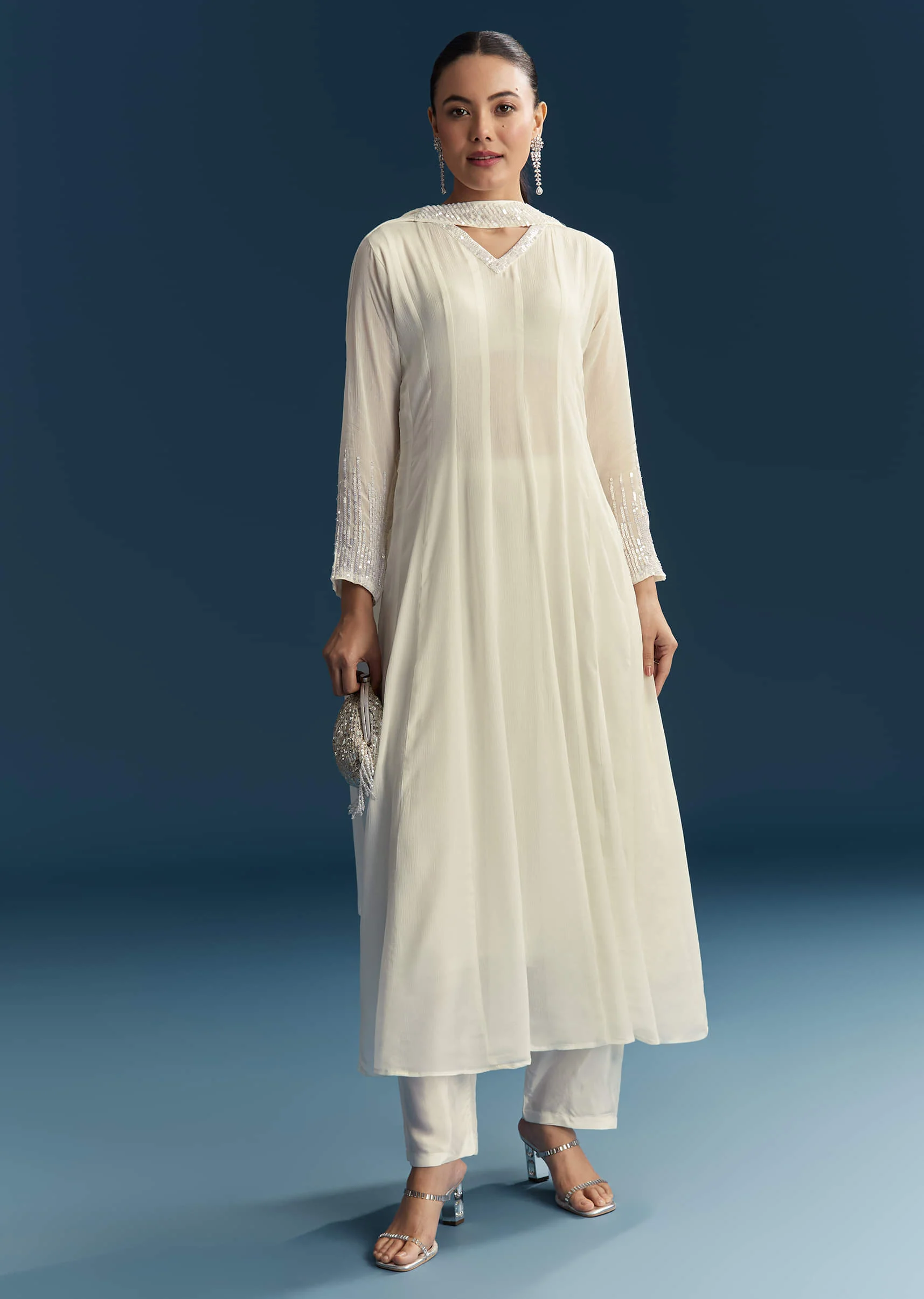 White Chinon Anarkali Suit With Sequins Work - Image 3