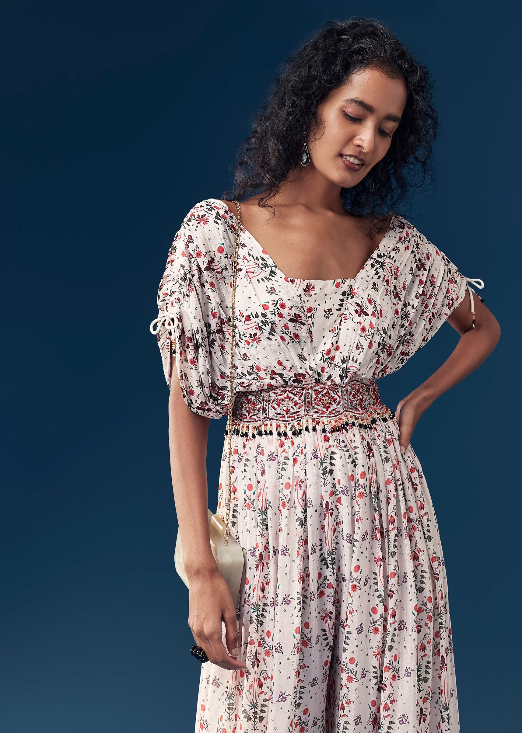 White Chinon Printed and Embroidered Jumpsuit - Image 4