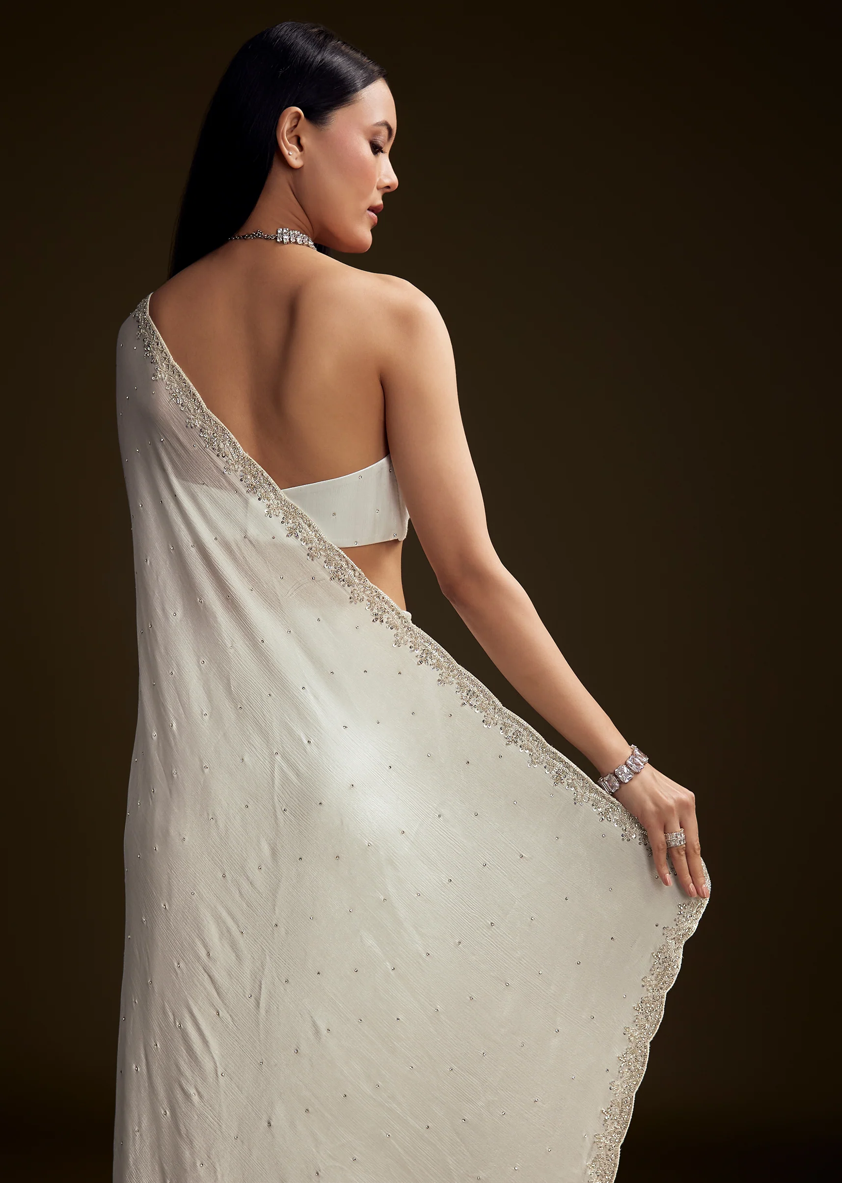 White Chinon Saree With Stone And Sequin Embroidery - Image 6