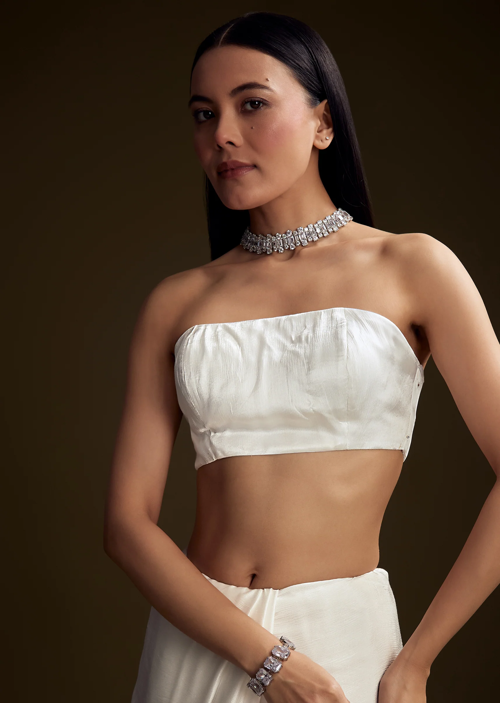 White Chinon Saree With Stone And Sequin Embroidery - Image 7