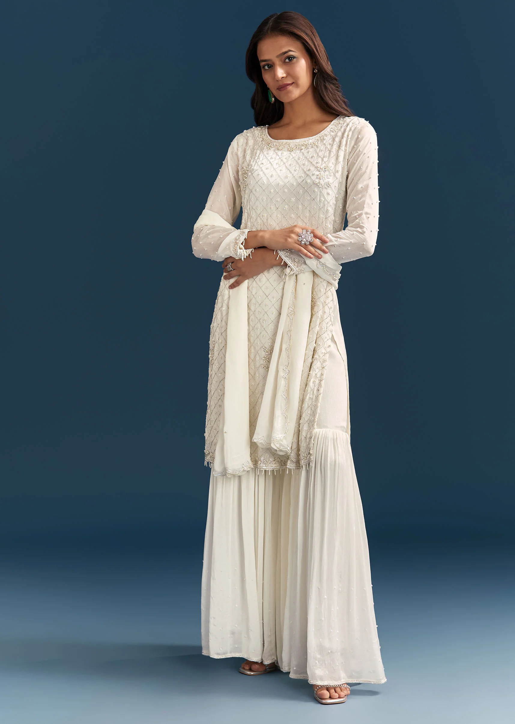 White Chinon Sharara Suit With Sequins Moti And Cut Dana Detailing - Image 2