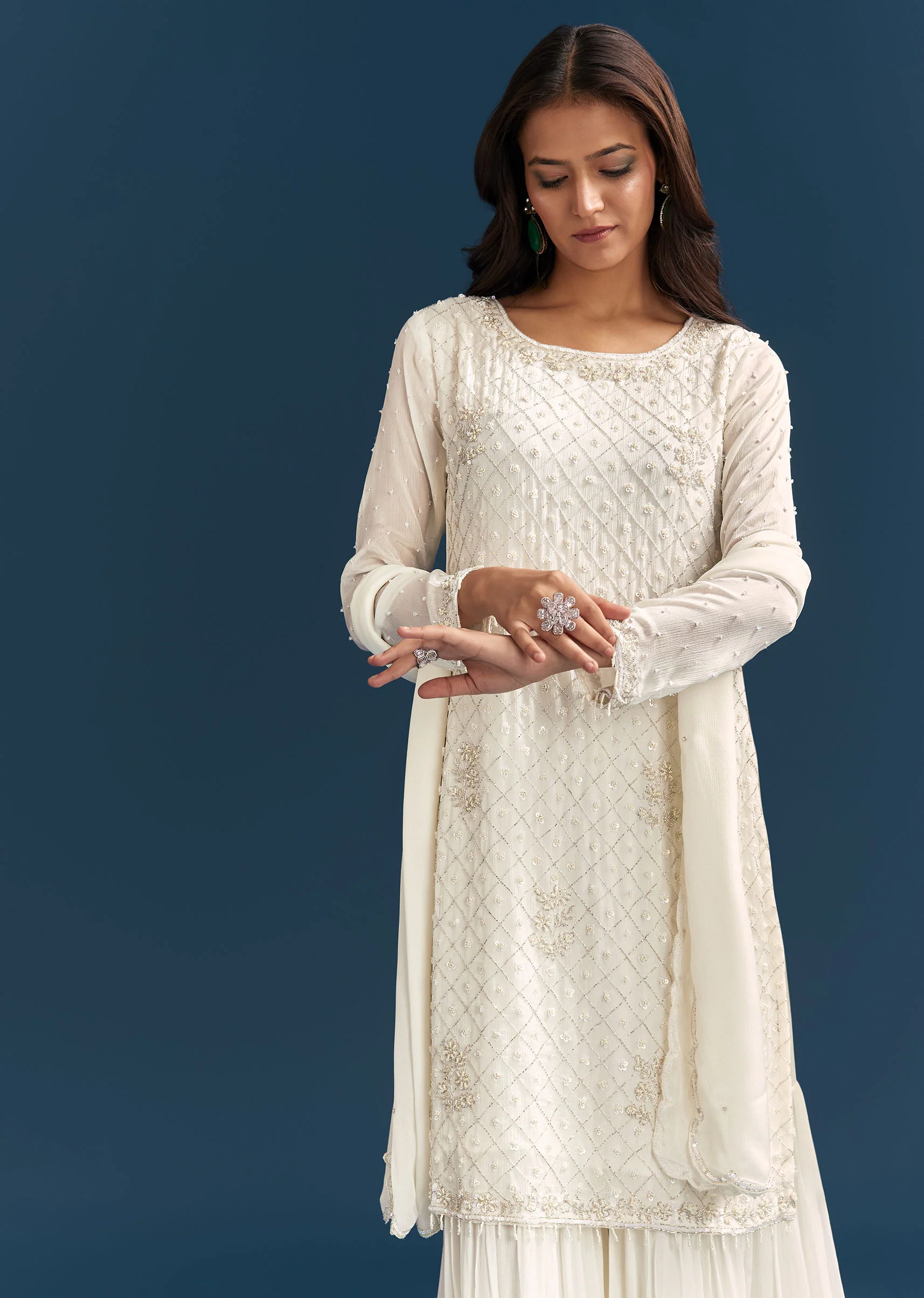 White Chinon Sharara Suit With Sequins Moti And Cut Dana Detailing - Image 3