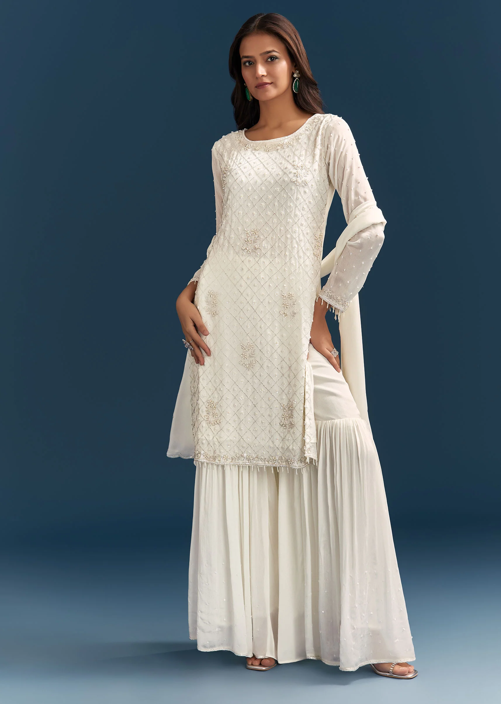 White Chinon Sharara Suit With Sequins Moti And Cut Dana Detailing - Image 4