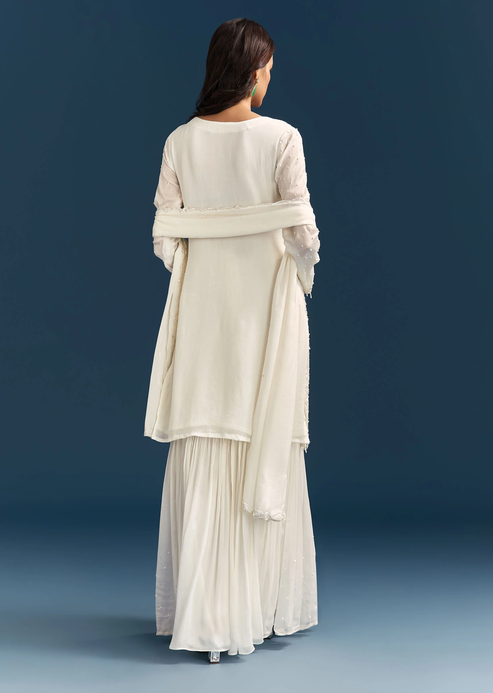White Chinon Sharara Suit With Sequins Moti And Cut Dana Detailing - Image 5