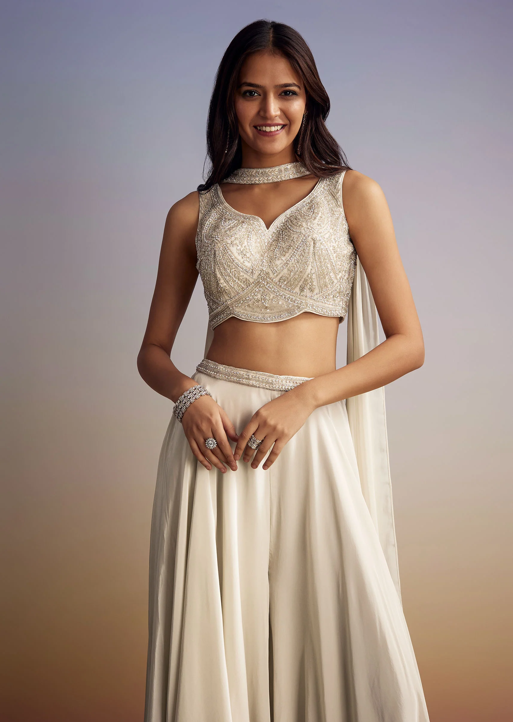 White Crepe Crop Top Set With Sequins Work And Dupatta - Image 3