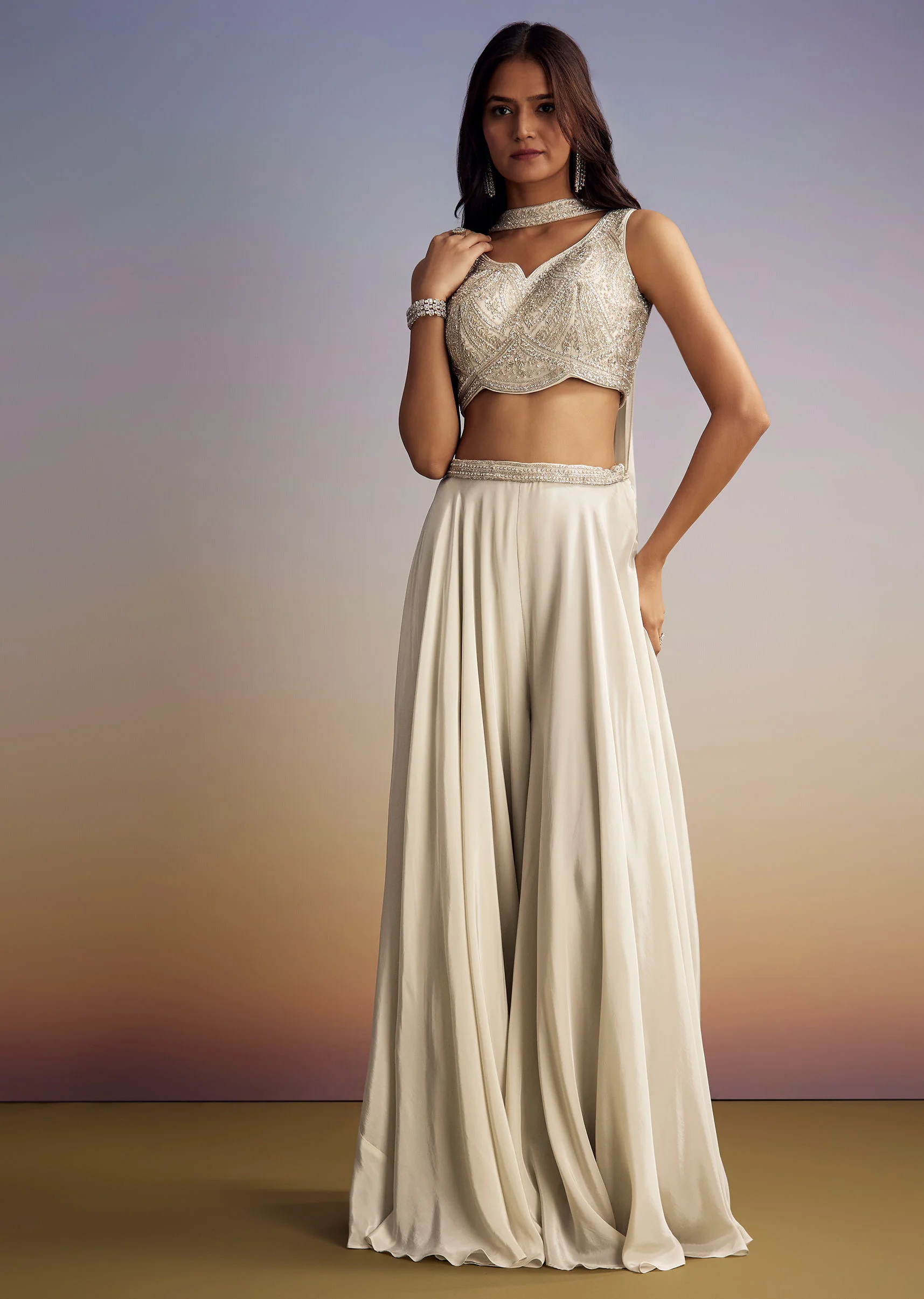 White Crepe Crop Top Set With Sequins Work And Dupatta - Image 4