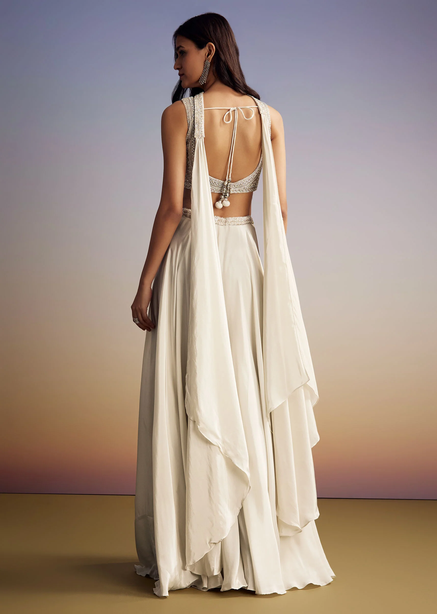 White Crepe Crop Top Set With Sequins Work And Dupatta - Image 5