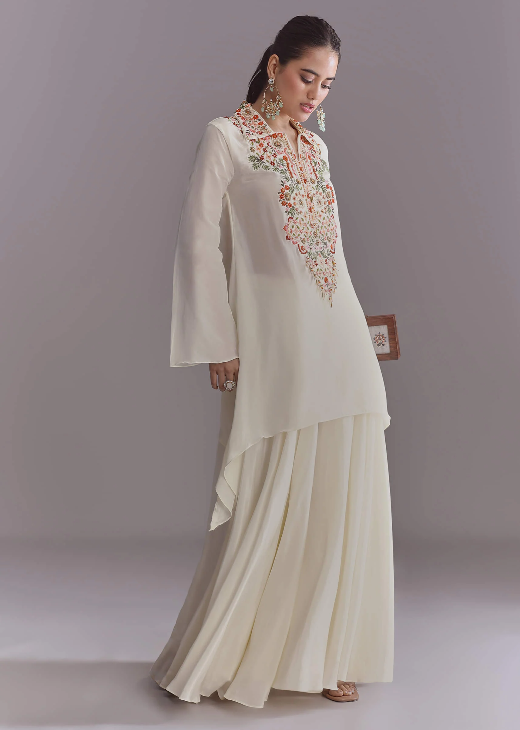 White Crepe Palazzo Suit With Thread And Resham Work - Image 3