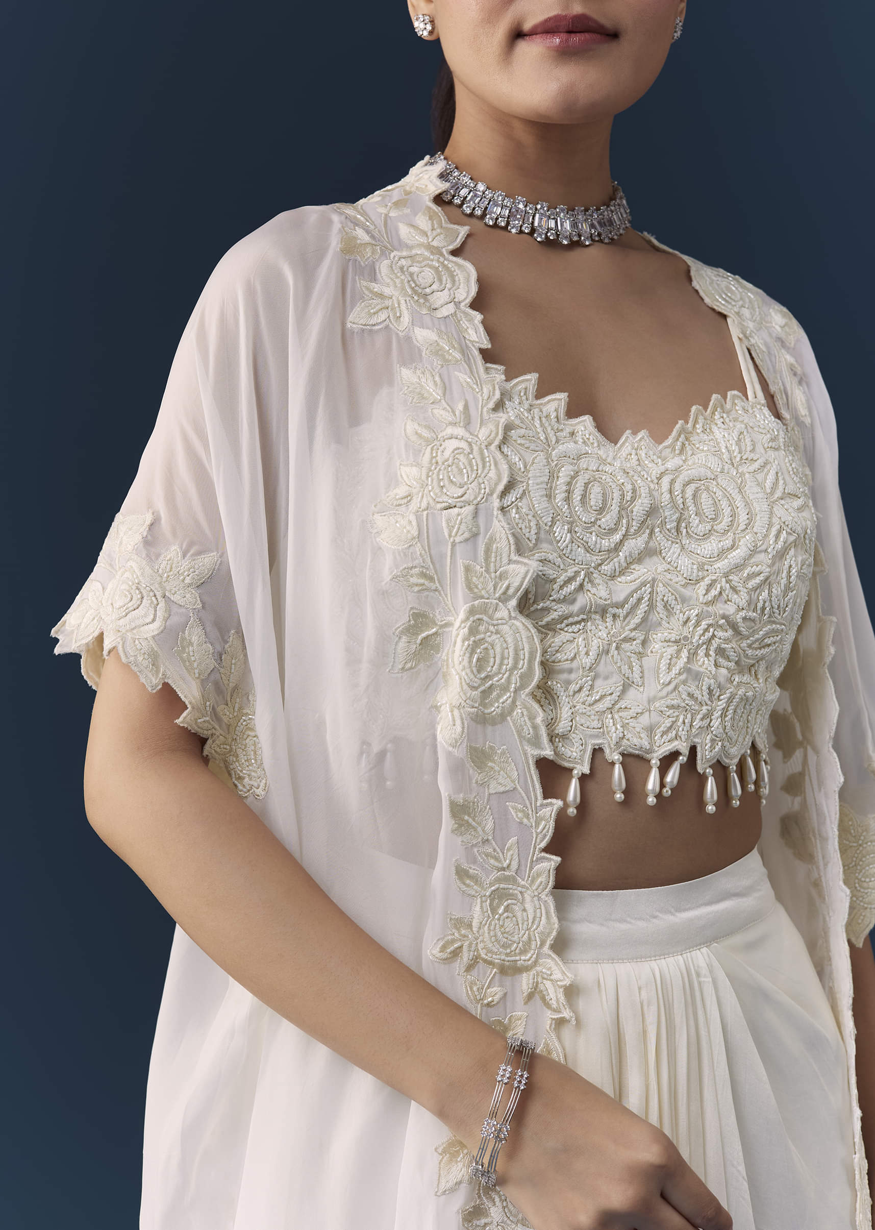 White Crop Top Draped Skirt Set with Cape - Image 2