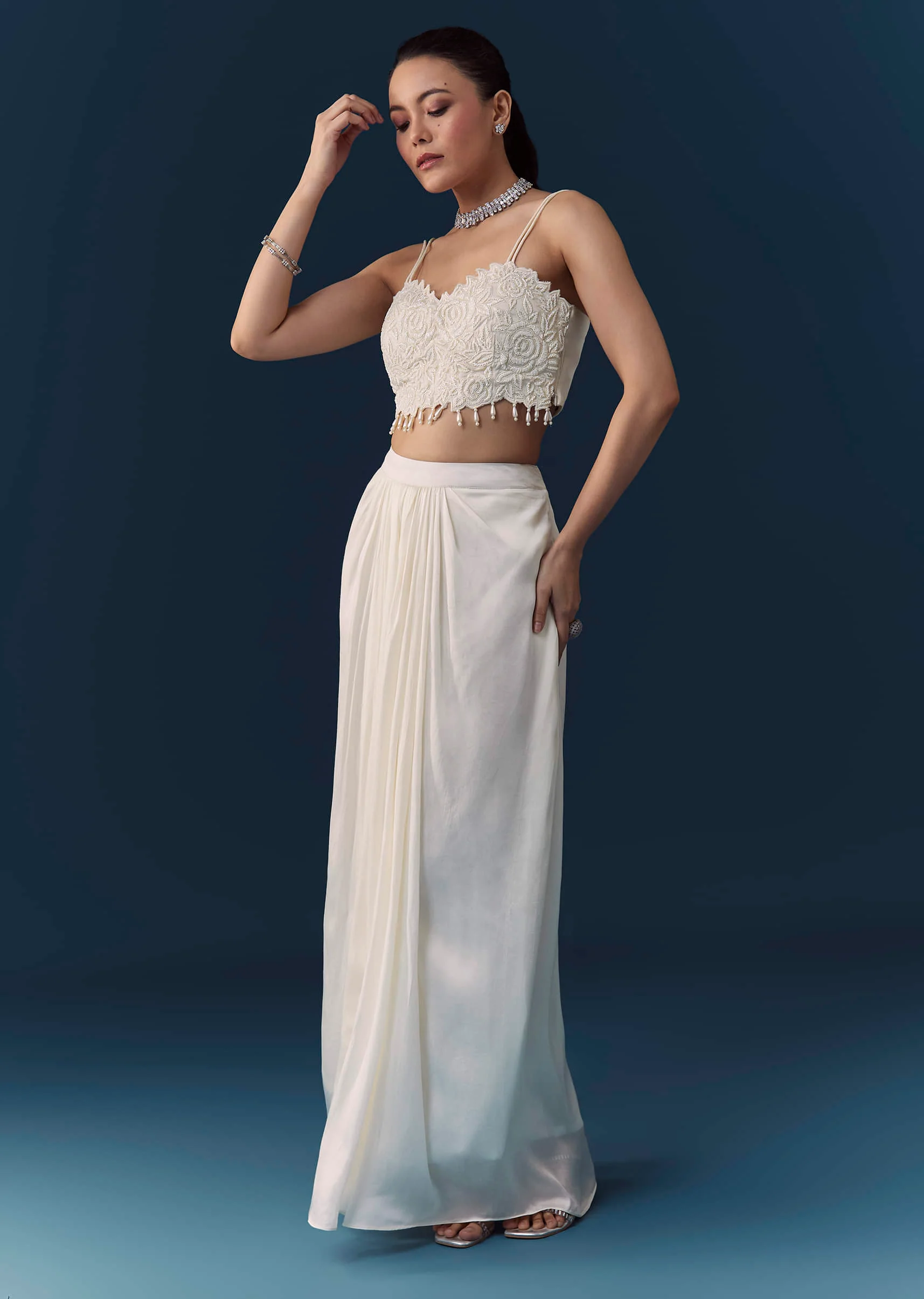 White Crop Top Draped Skirt Set with Cape - Image 6