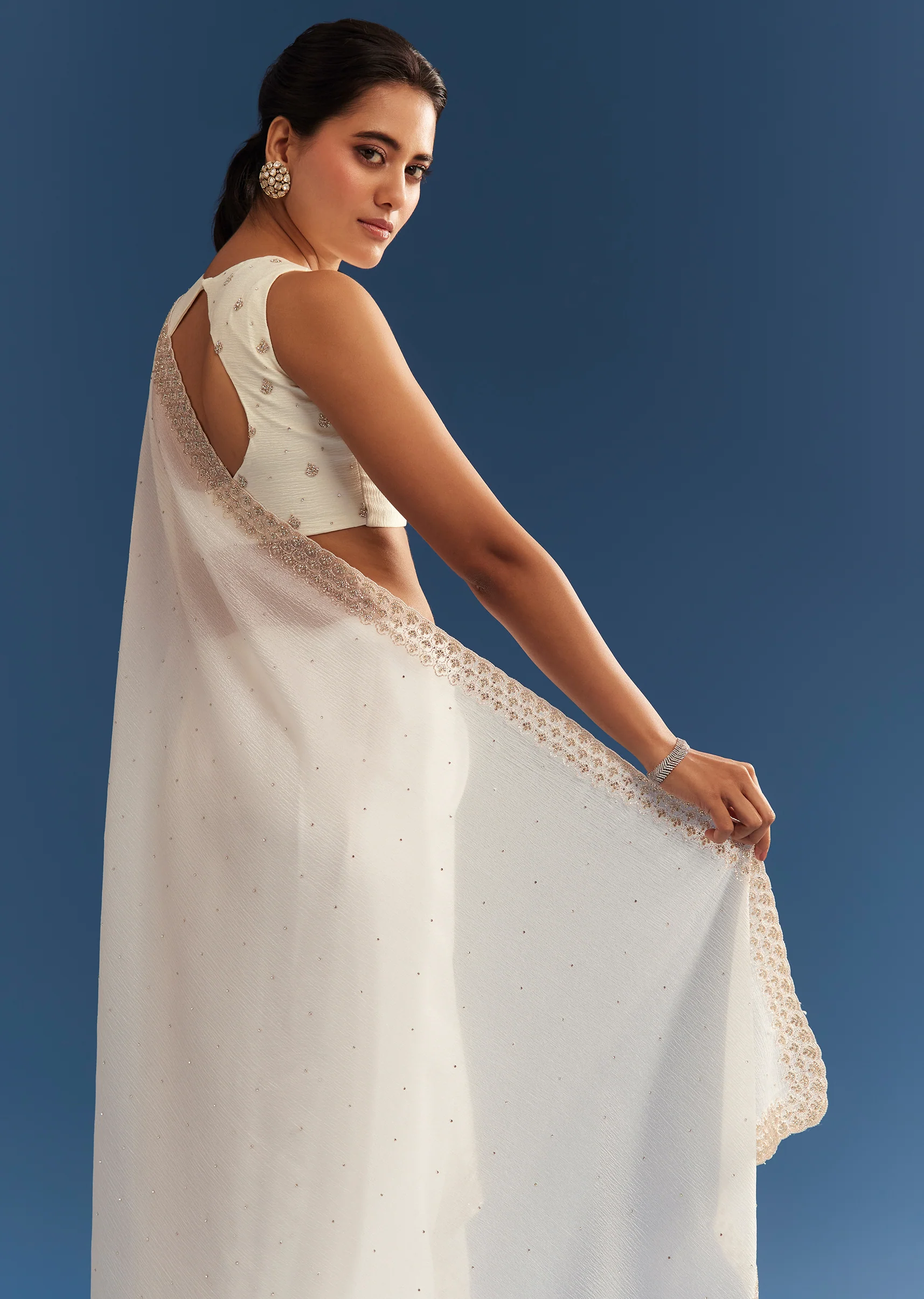 White Crushed Tissue Cutdana Embroidered Saree - Image 3