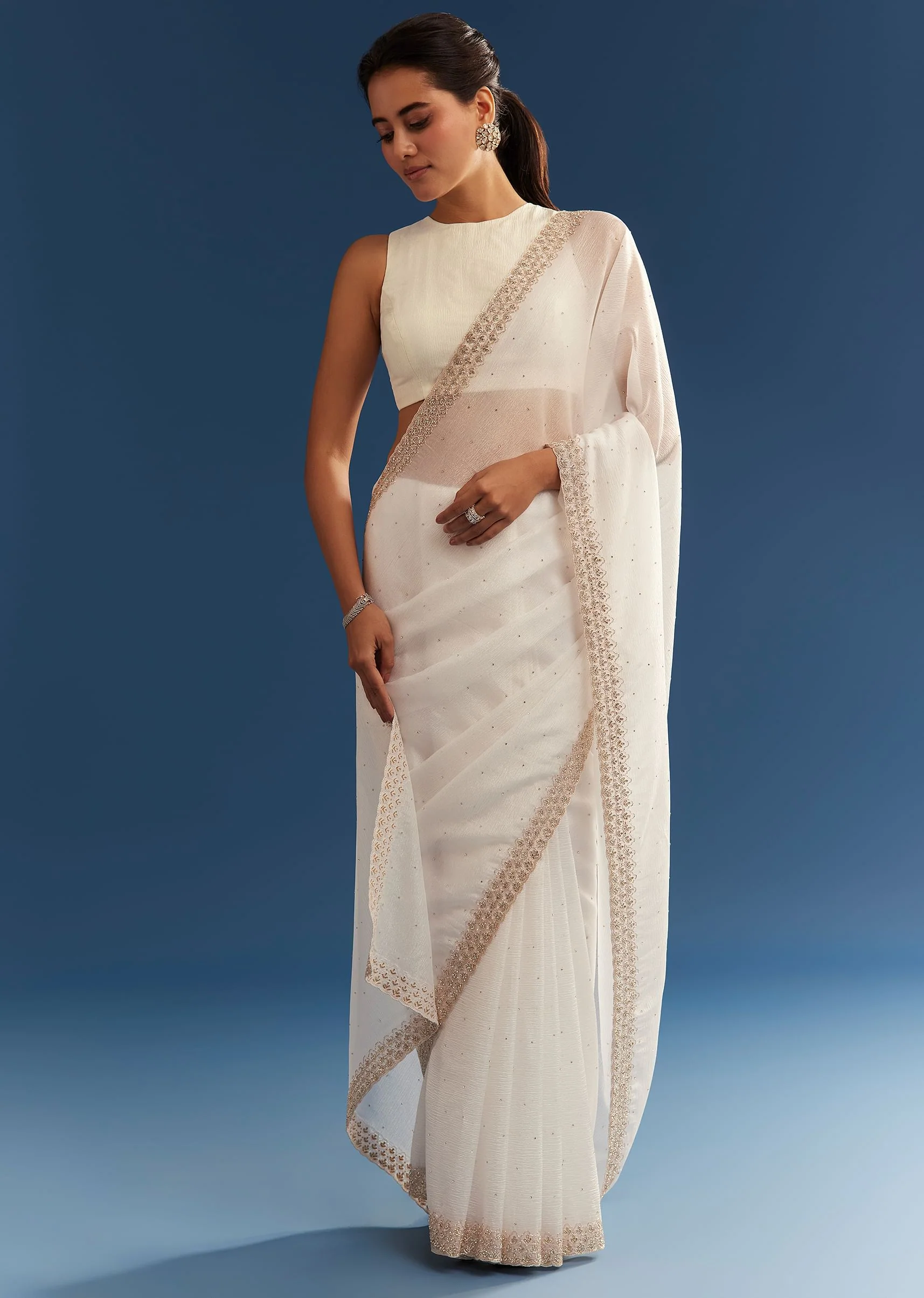 White Crushed Tissue Cutdana Embroidered Saree - Image 4