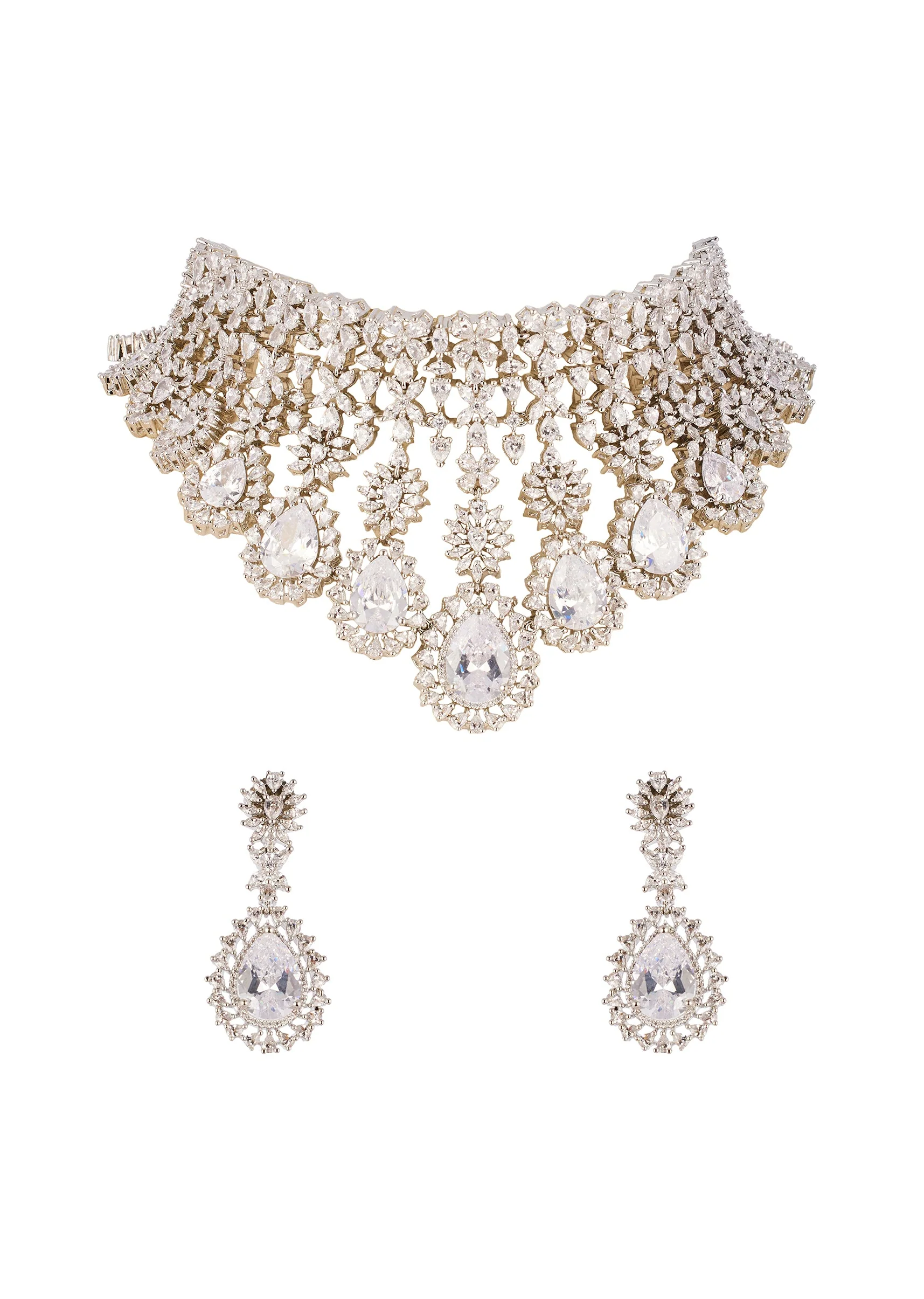 White Cz Diamond Long Necklace Set In Brass with Anti Tarnish Finish - Image 5