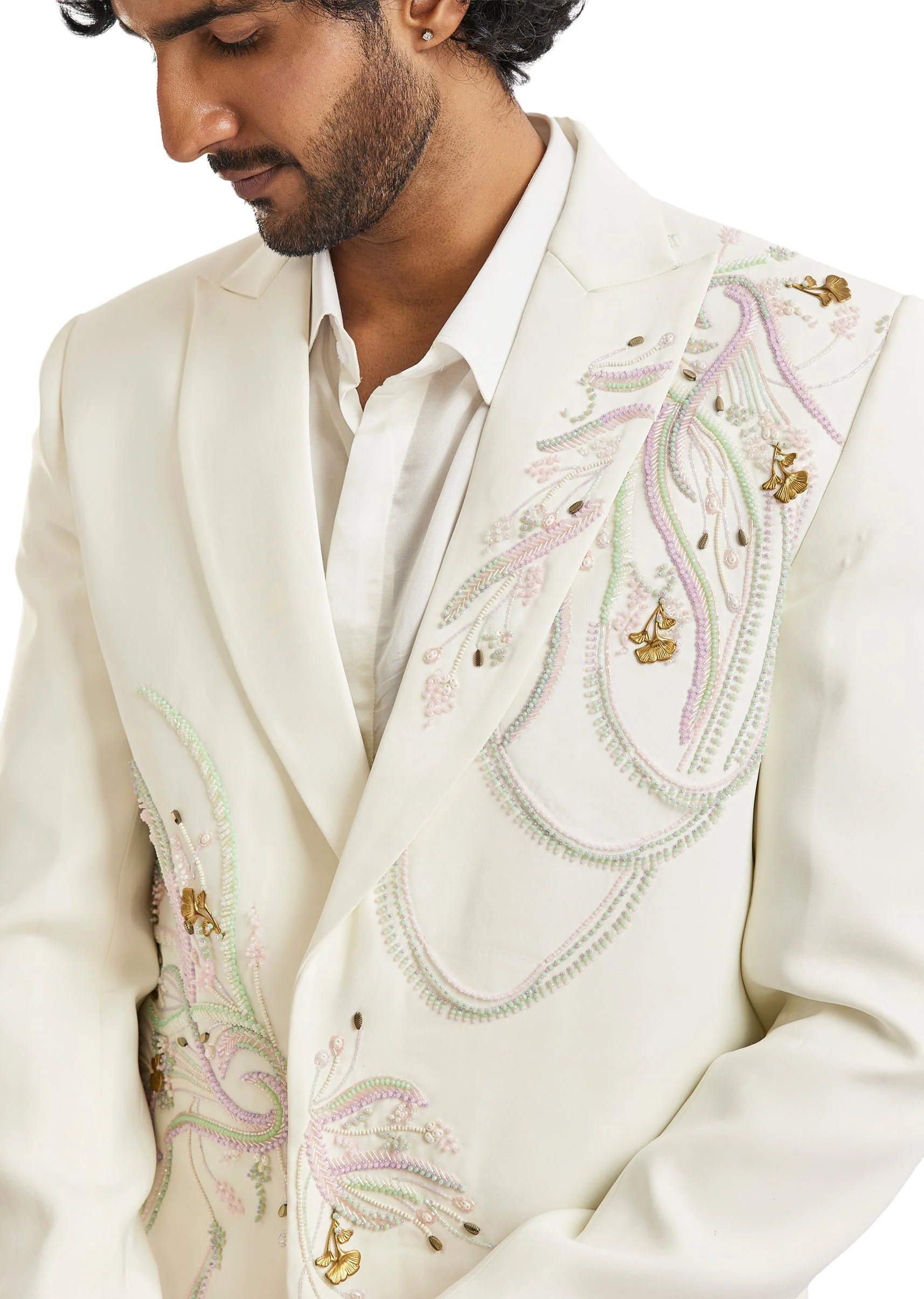 White Double Breasted Embroidered Blazer Set - Image 3
