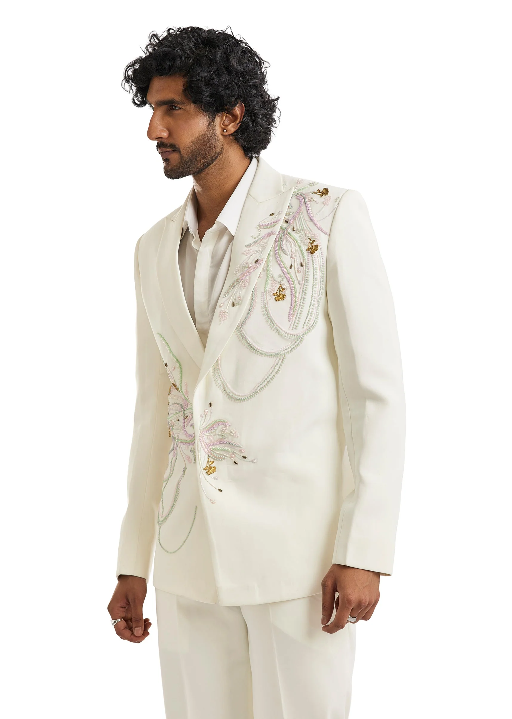White Double Breasted Embroidered Blazer Set - Image 5