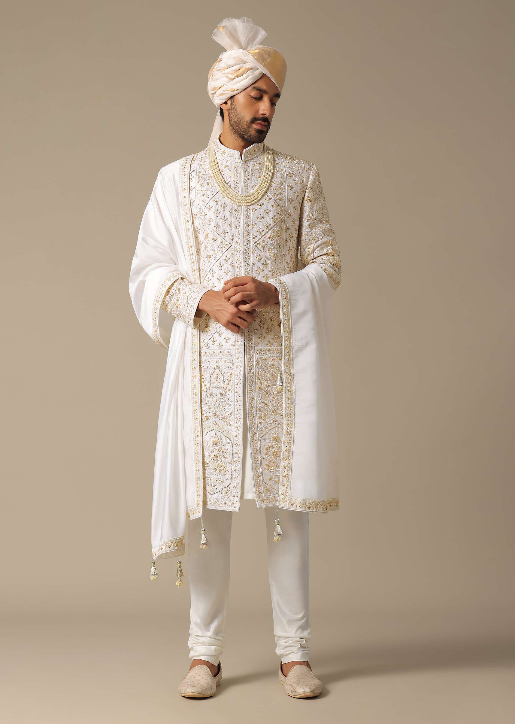White Elegant Sherwani Set For Grooms - Image 3