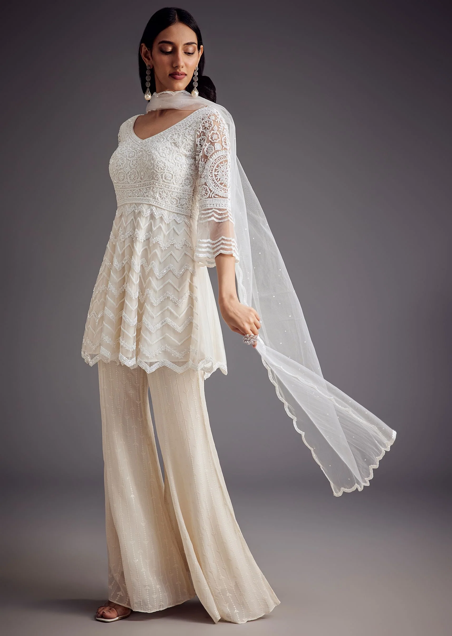 White Embroidered Peplum Kurta With Palazzo And Net Dupatta - Image 3
