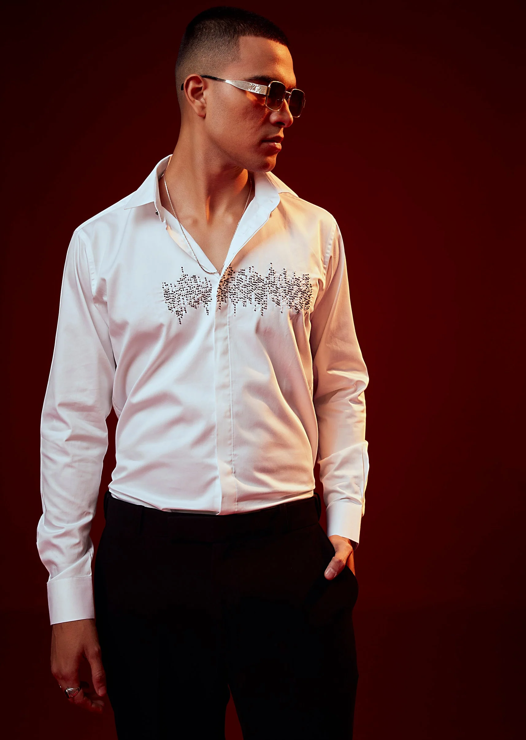 White Embroidered Silk Blend Mandarin Collar Shirt - Image 3