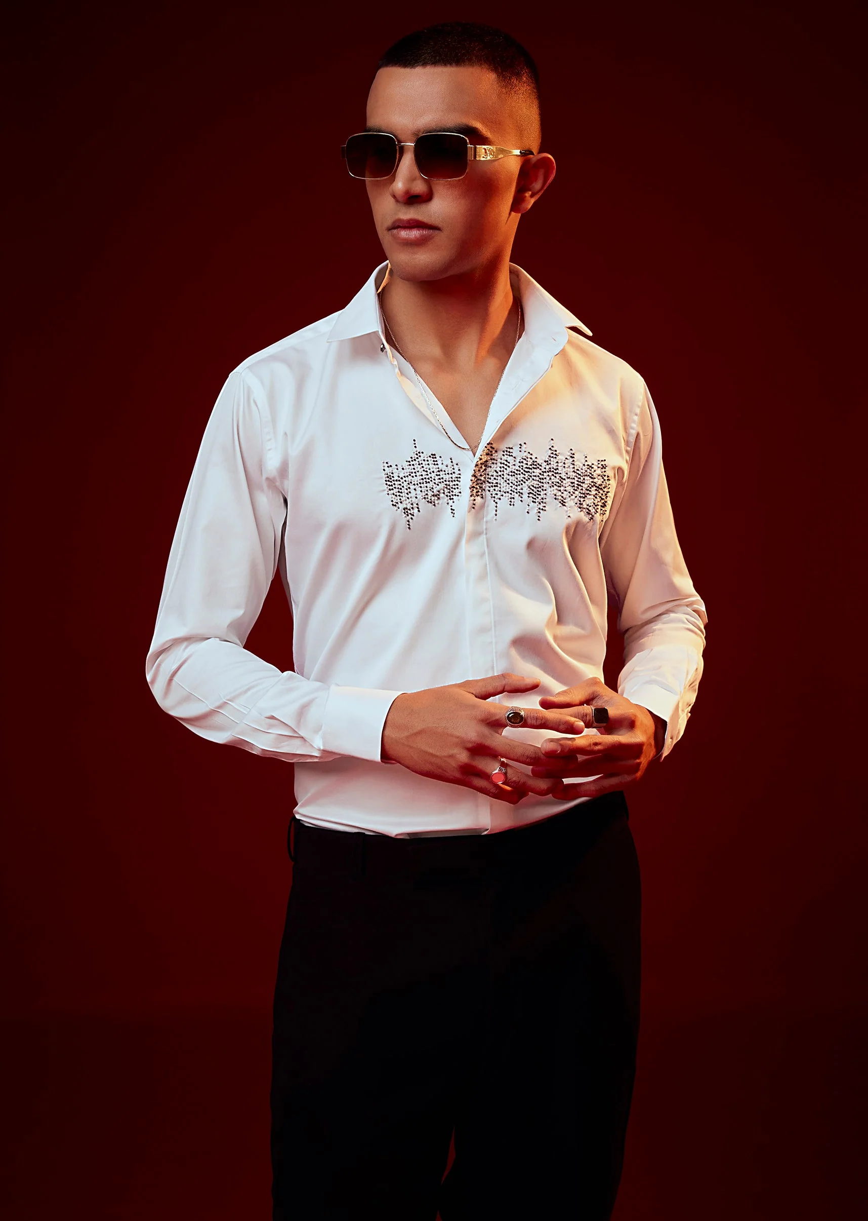 White Embroidered Silk Blend Mandarin Collar Shirt - Image 4