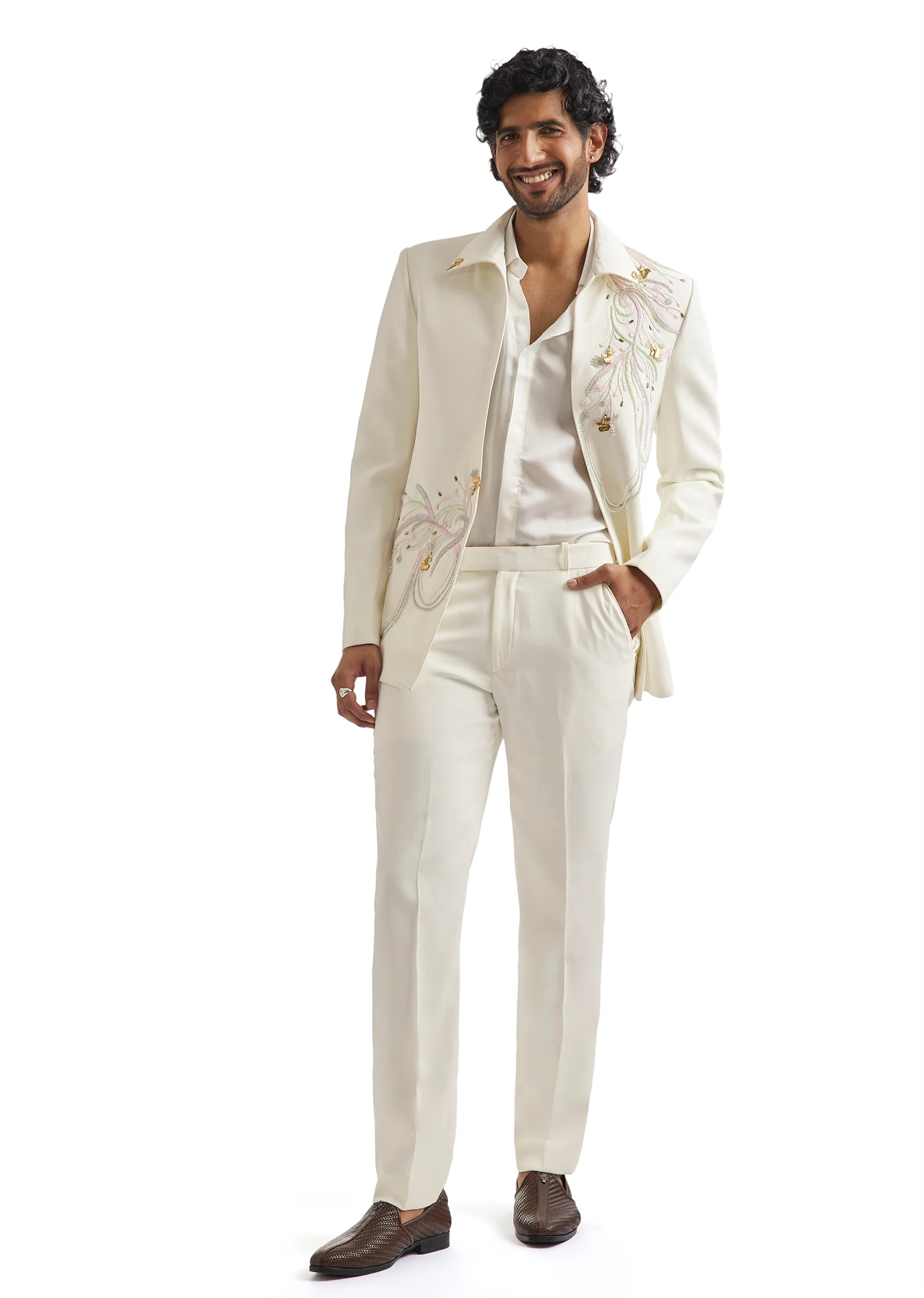 White Embroidered Tuxedo Set With Organza Satin Shirt - Image 3