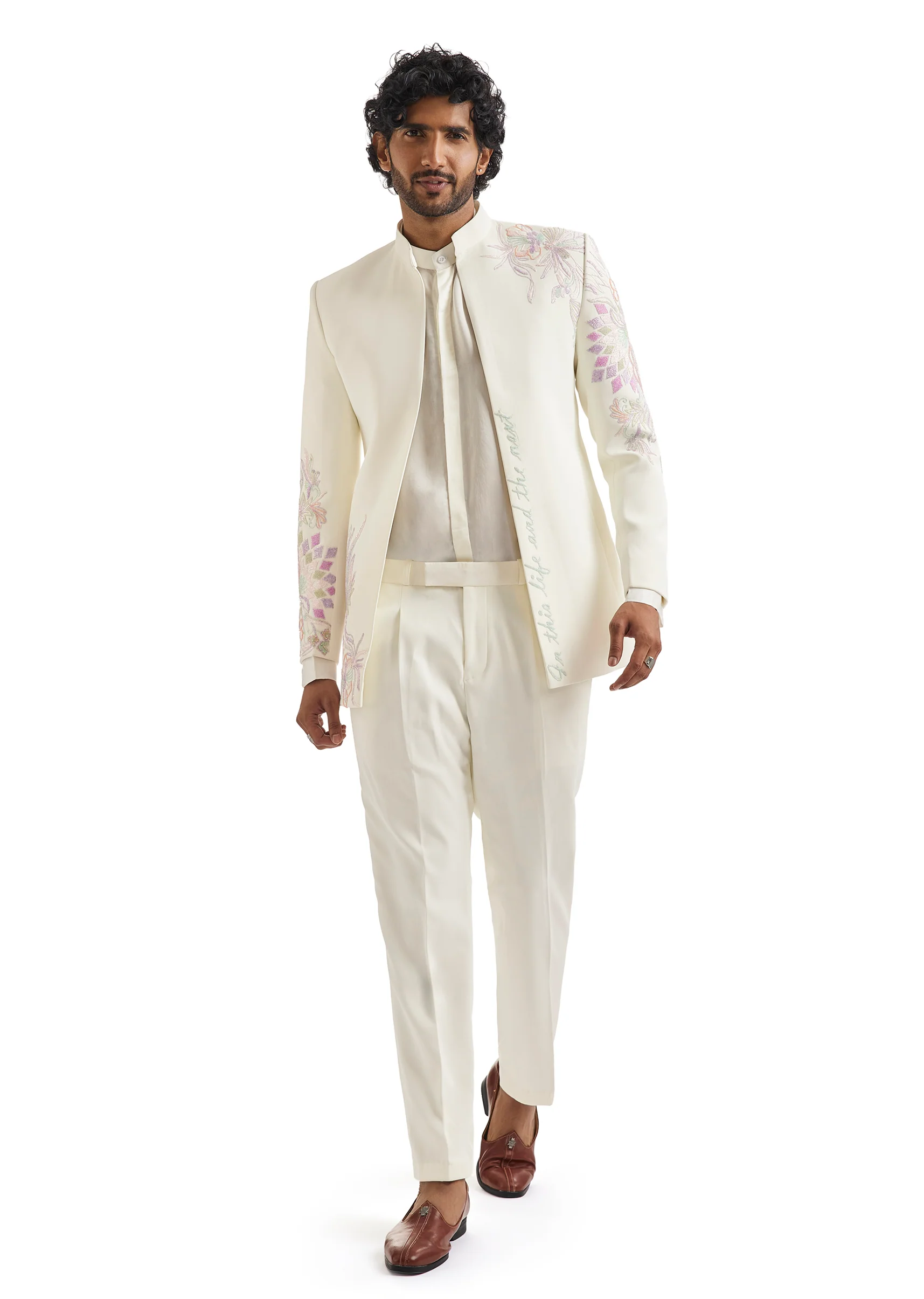 White Embroidered Tuxedo Set With Statement Blazer - Image 3