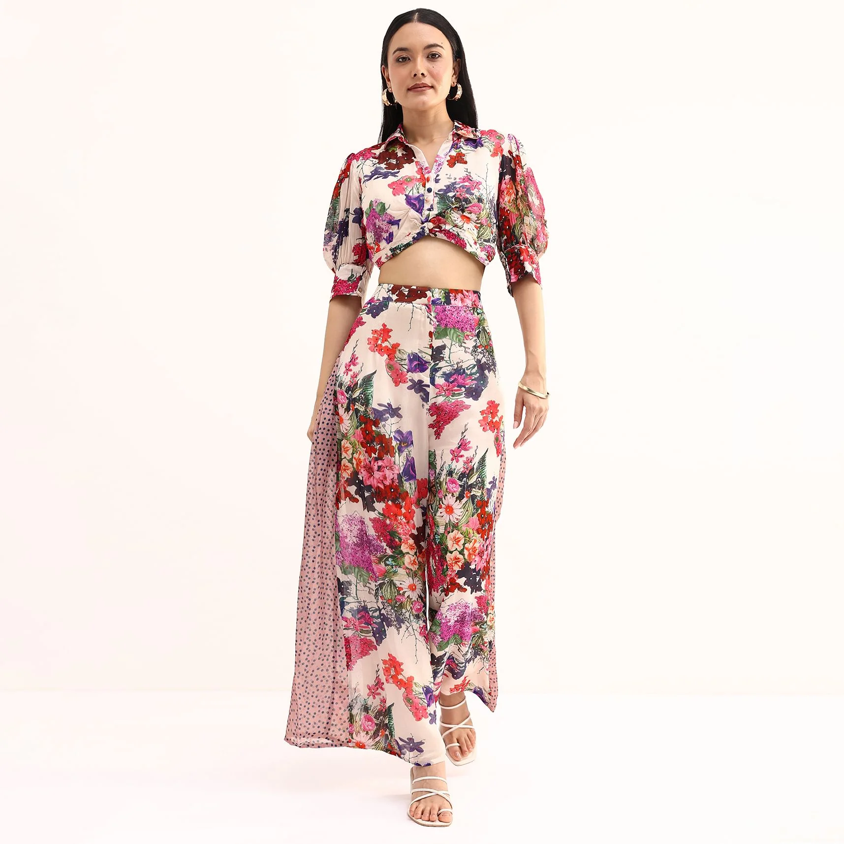 White Floral Printed Chinon Crop Top And Palazzo - Image 3