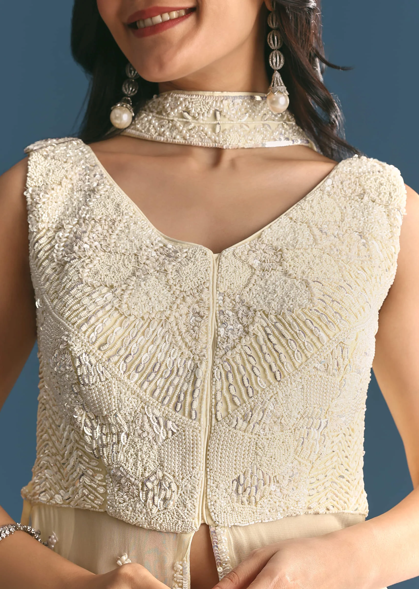 White Georgette Peplum Kurta Sharara Set With Beads And Sequins - Image 2