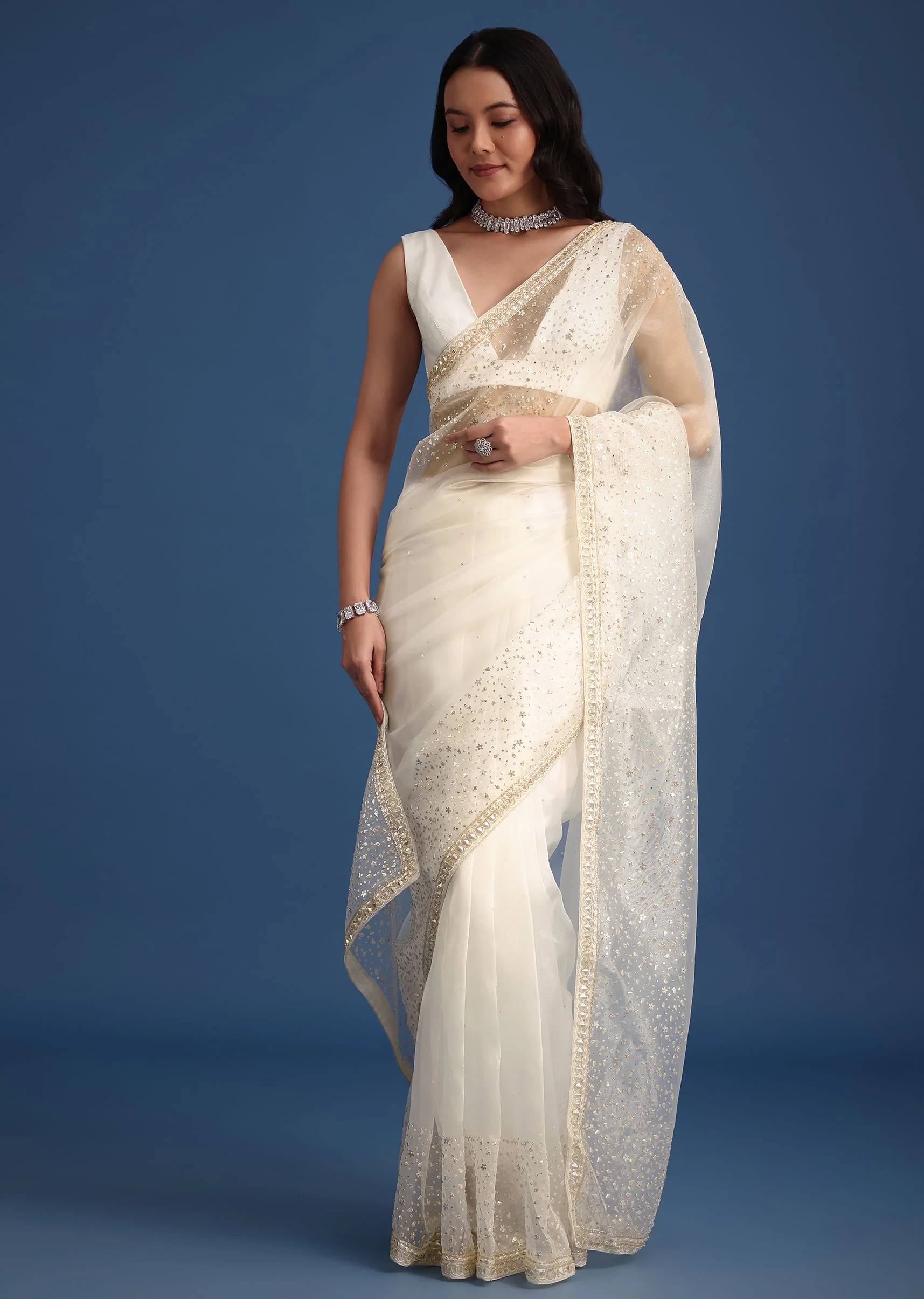 White Glass Tissue Saree With Sequin Embellishments - Image 3