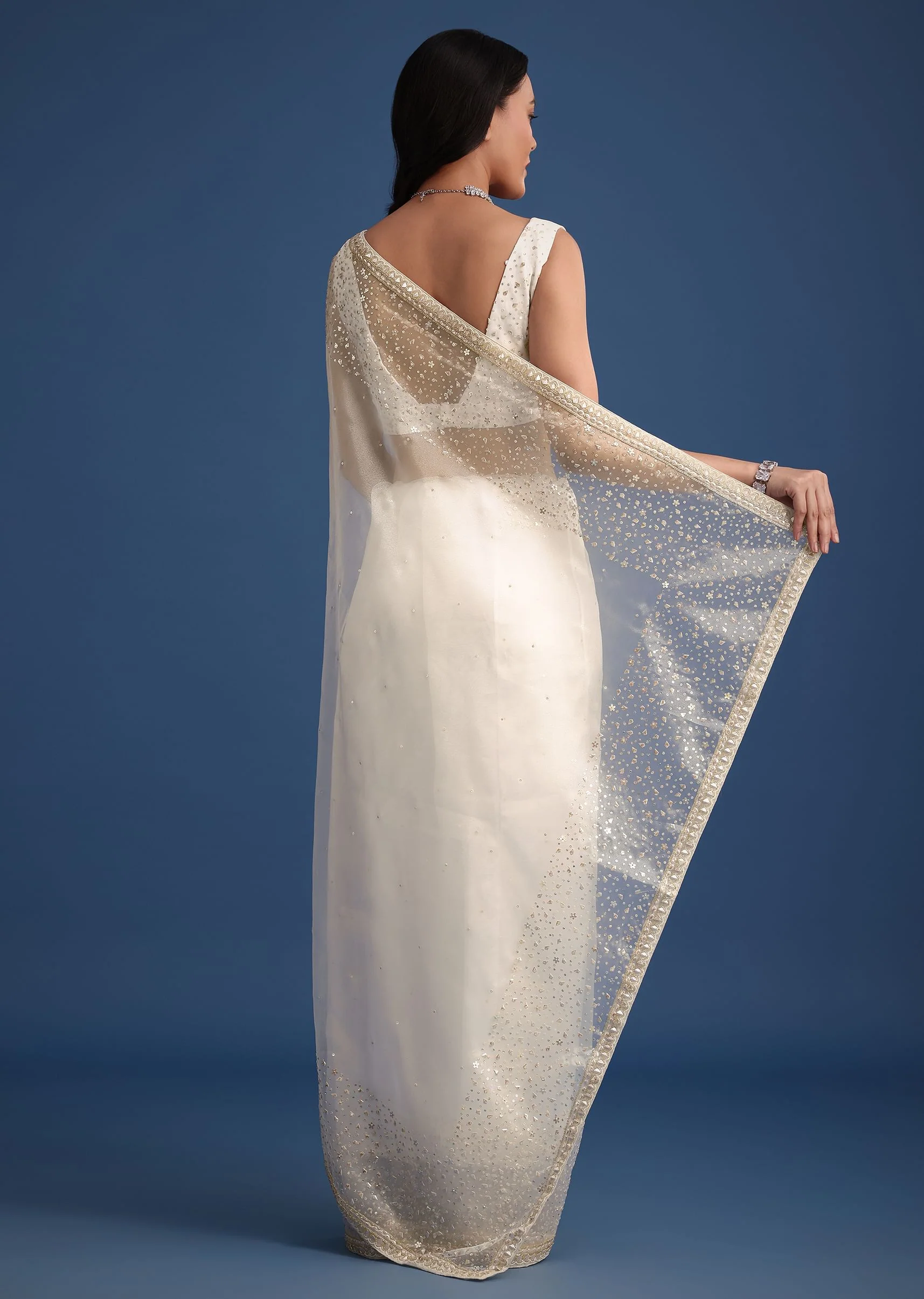 White Glass Tissue Saree With Sequin Embellishments - Image 4