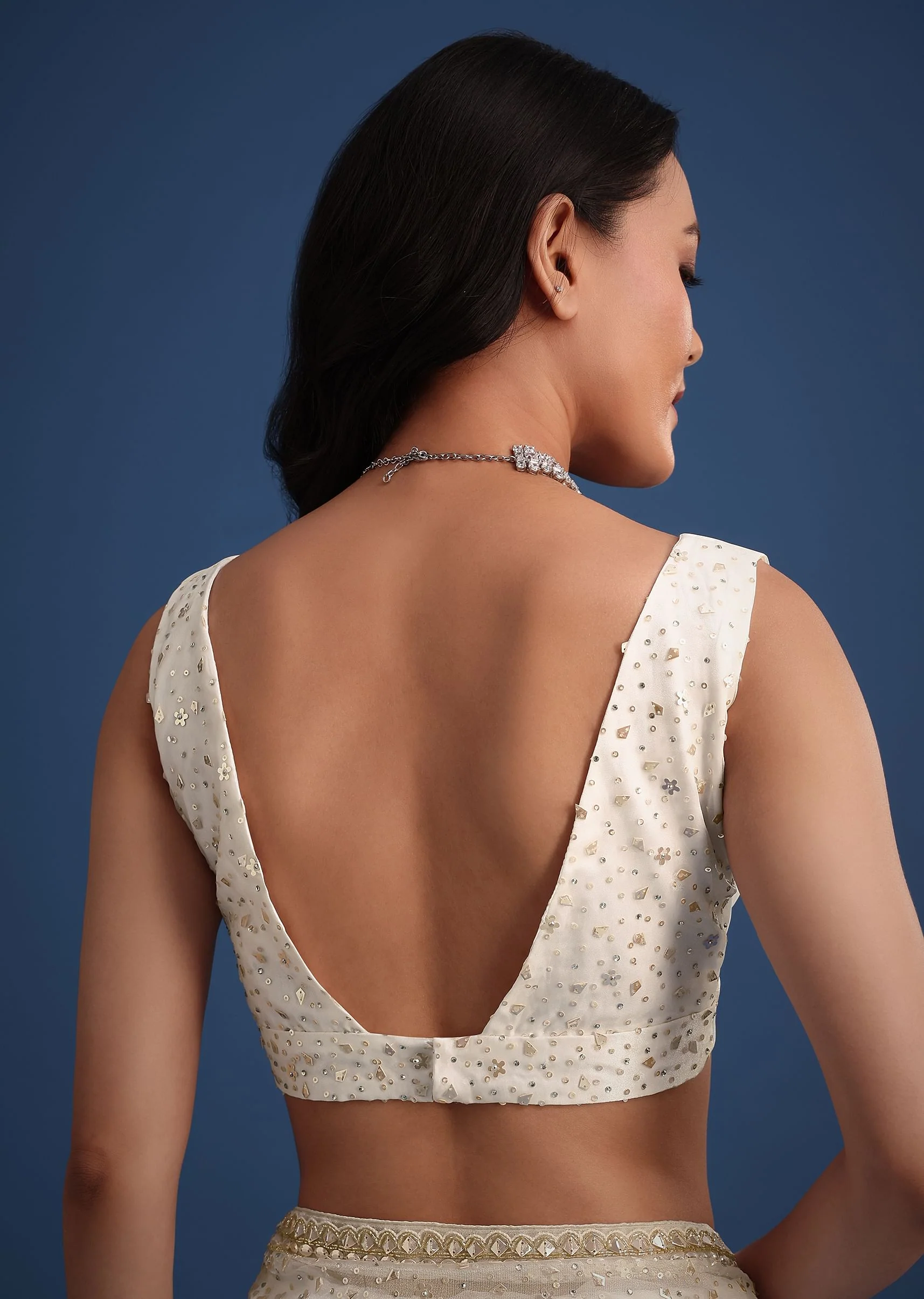 White Glass Tissue Saree With Sequin Embellishments - Image 8