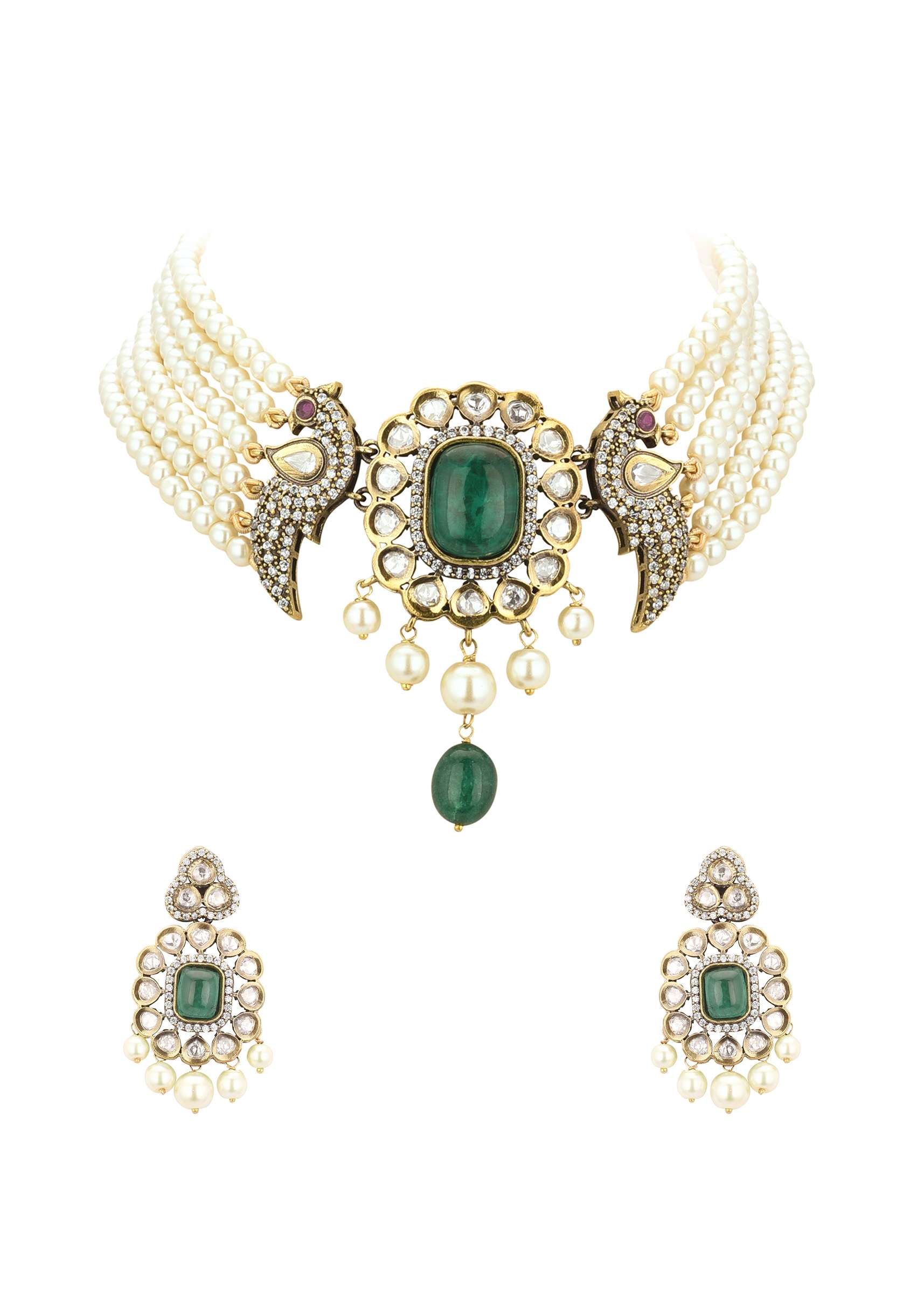 White Gold-Finish Kundan Choker Set With Pearls And Faux Diamonds In Mix Metal - Image 7