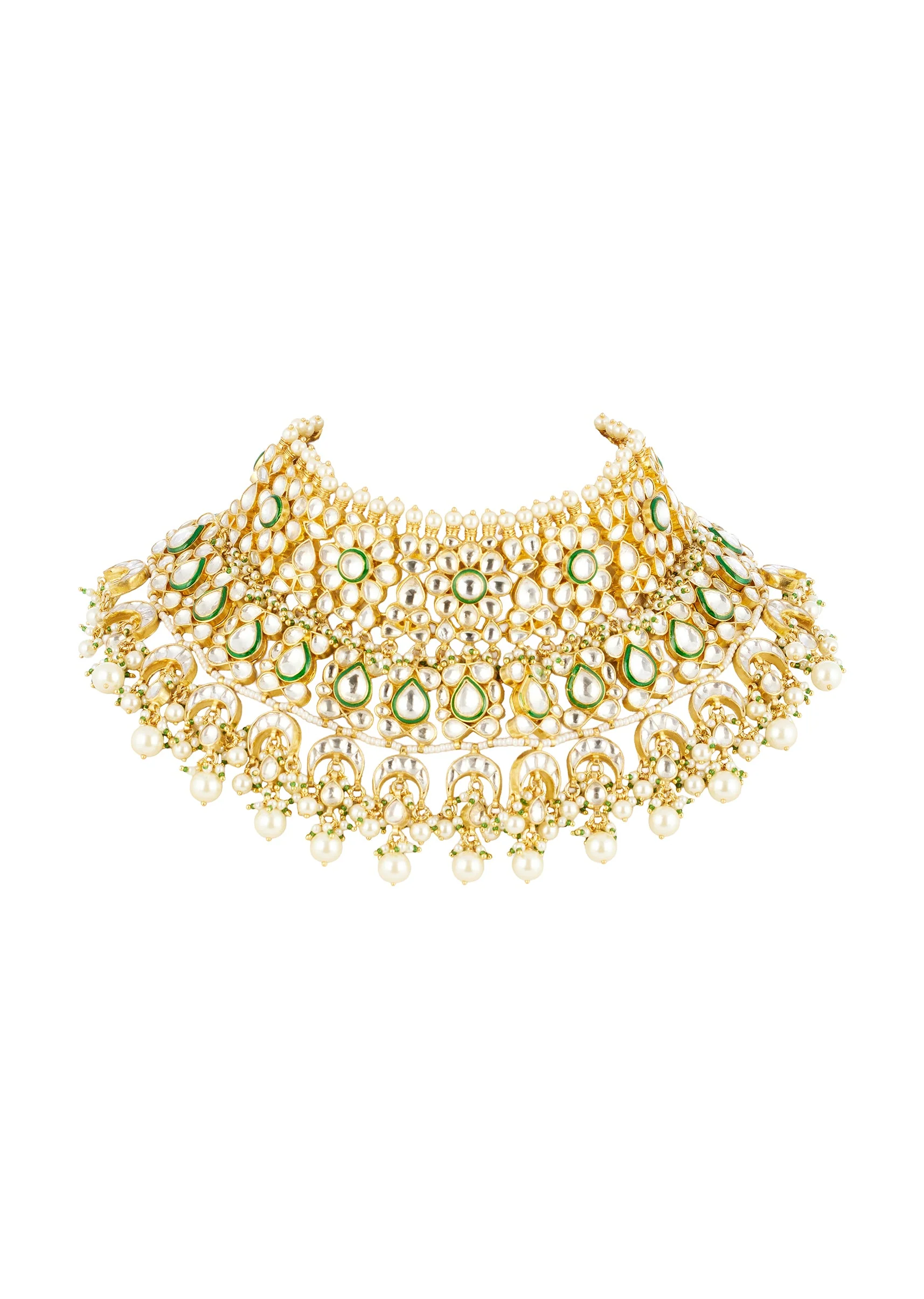 White Gold Necklace Set With Elegant Kundan Detail - Image 3
