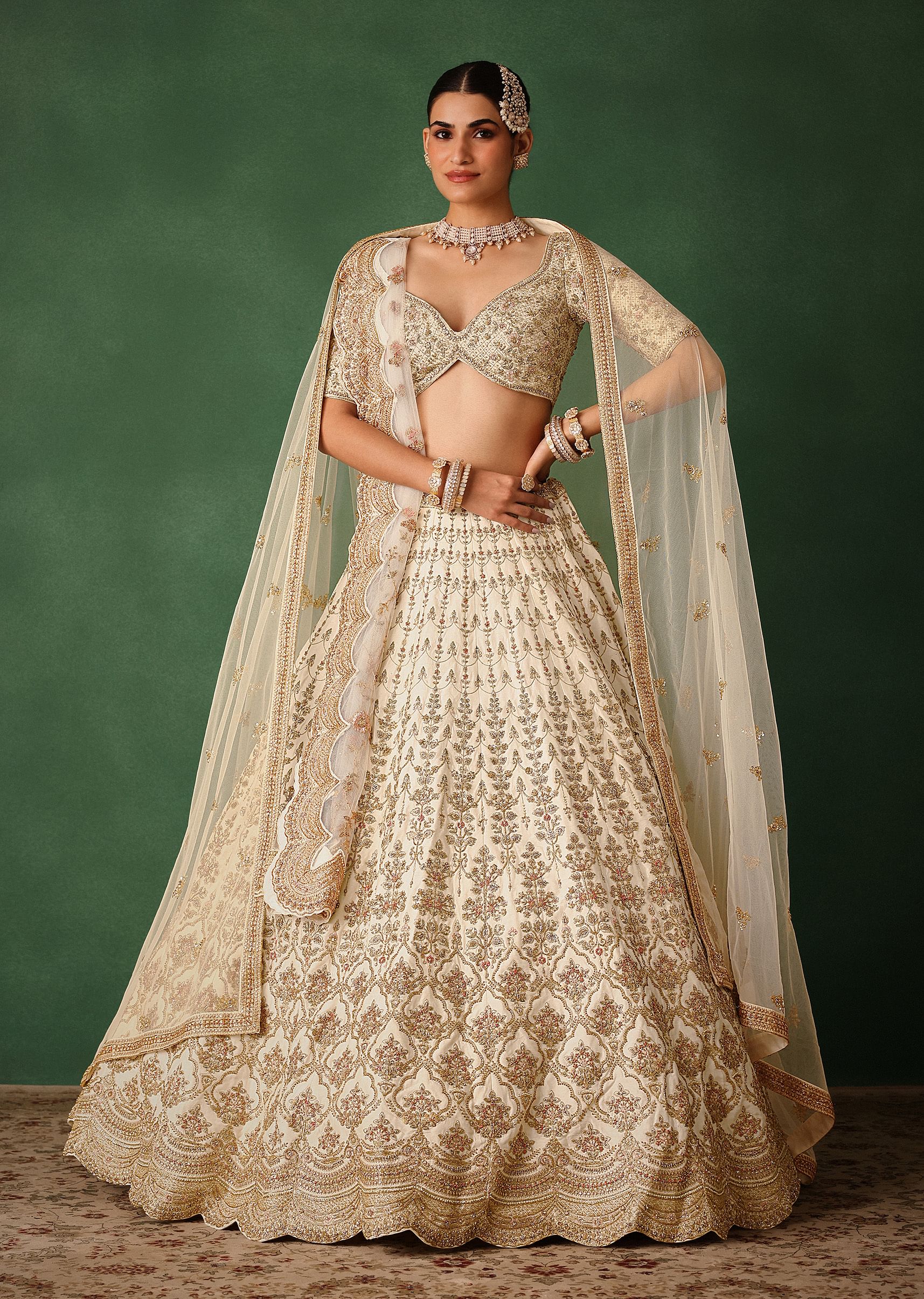 White Hand Embroidered Lehenga Set In Raw Silk