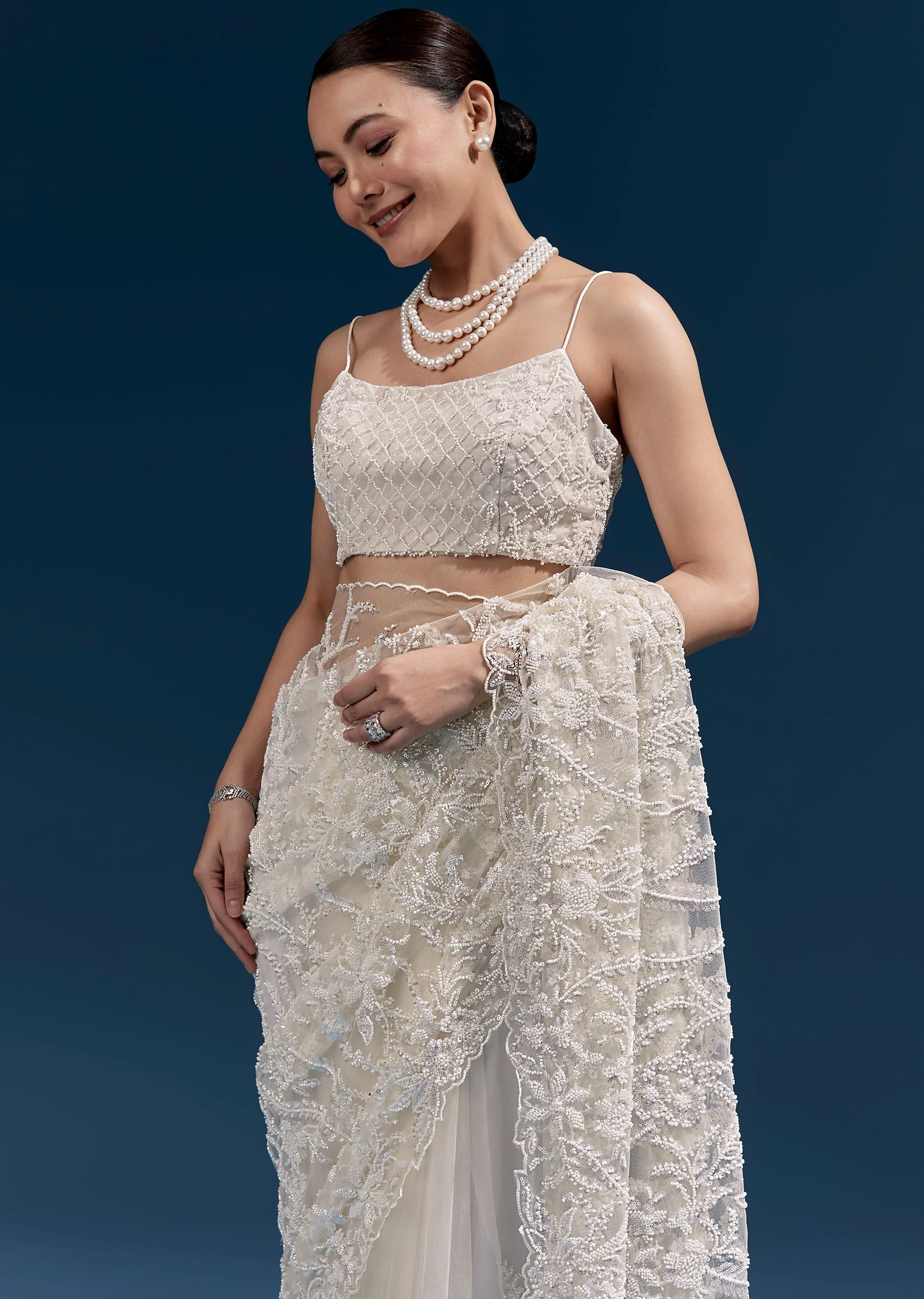 White Heavy Embroidered Net Saree With All Over Floral Jaal And Cutwork Border - Image 5