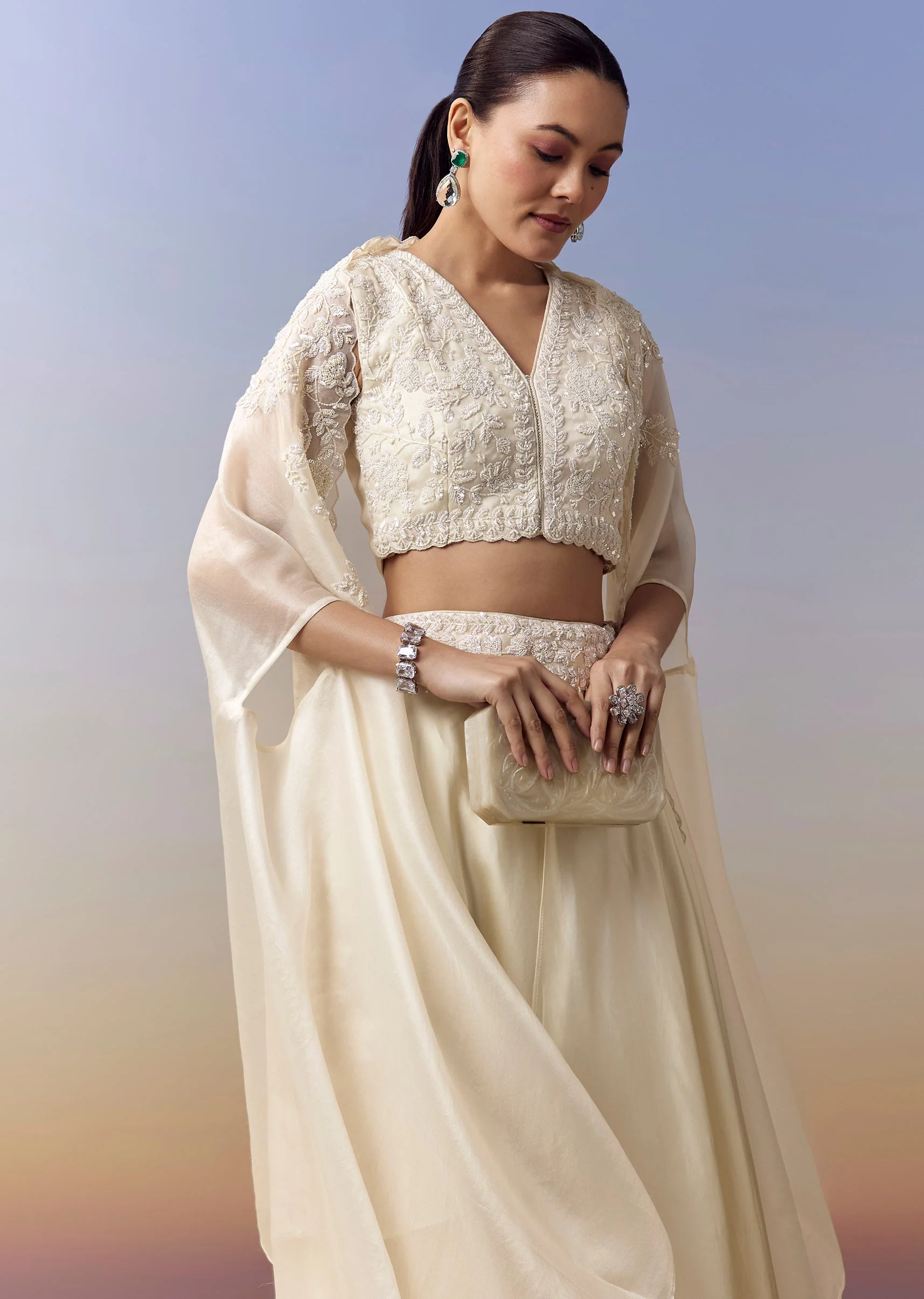 White Indo Western Crop Top Skirt Set With Moti Work And Cape - Image 4