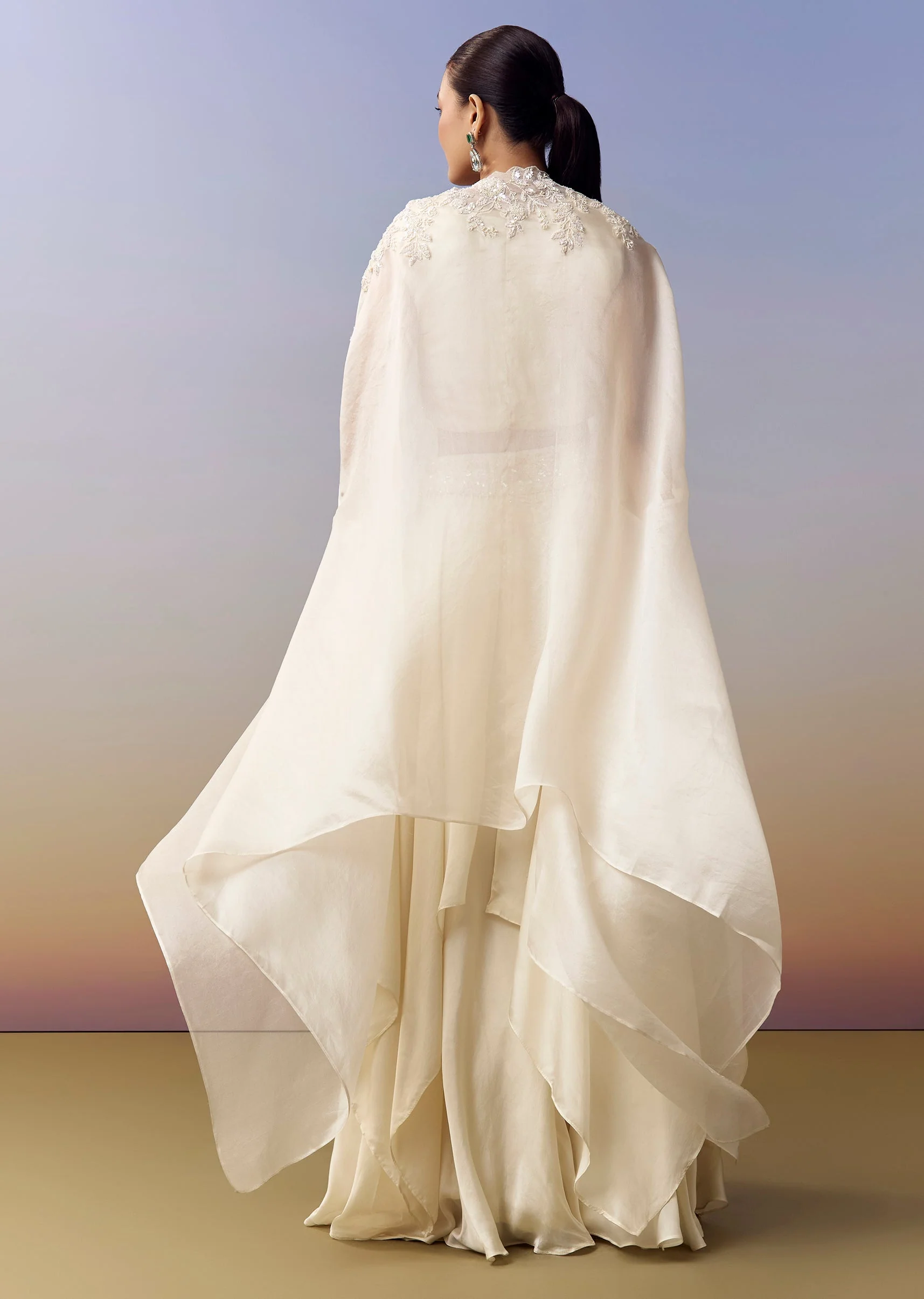 White Indo Western Crop Top Skirt Set With Moti Work And Cape - Image 5