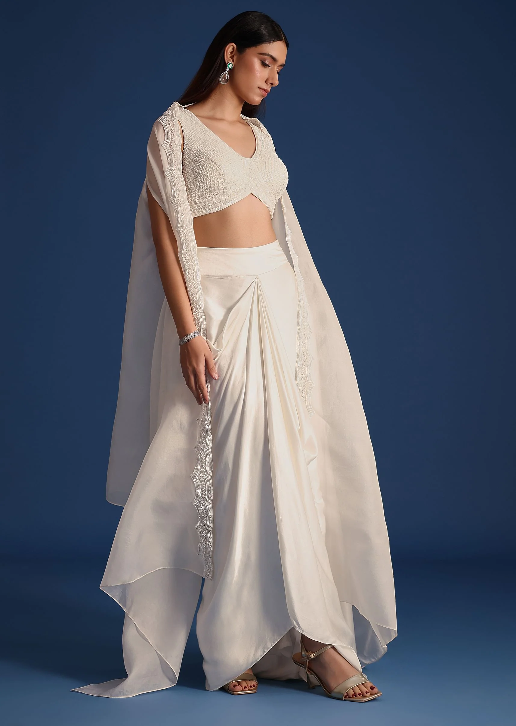 White Jacket With Embellished Blouse And Draped Skirt - Image 3