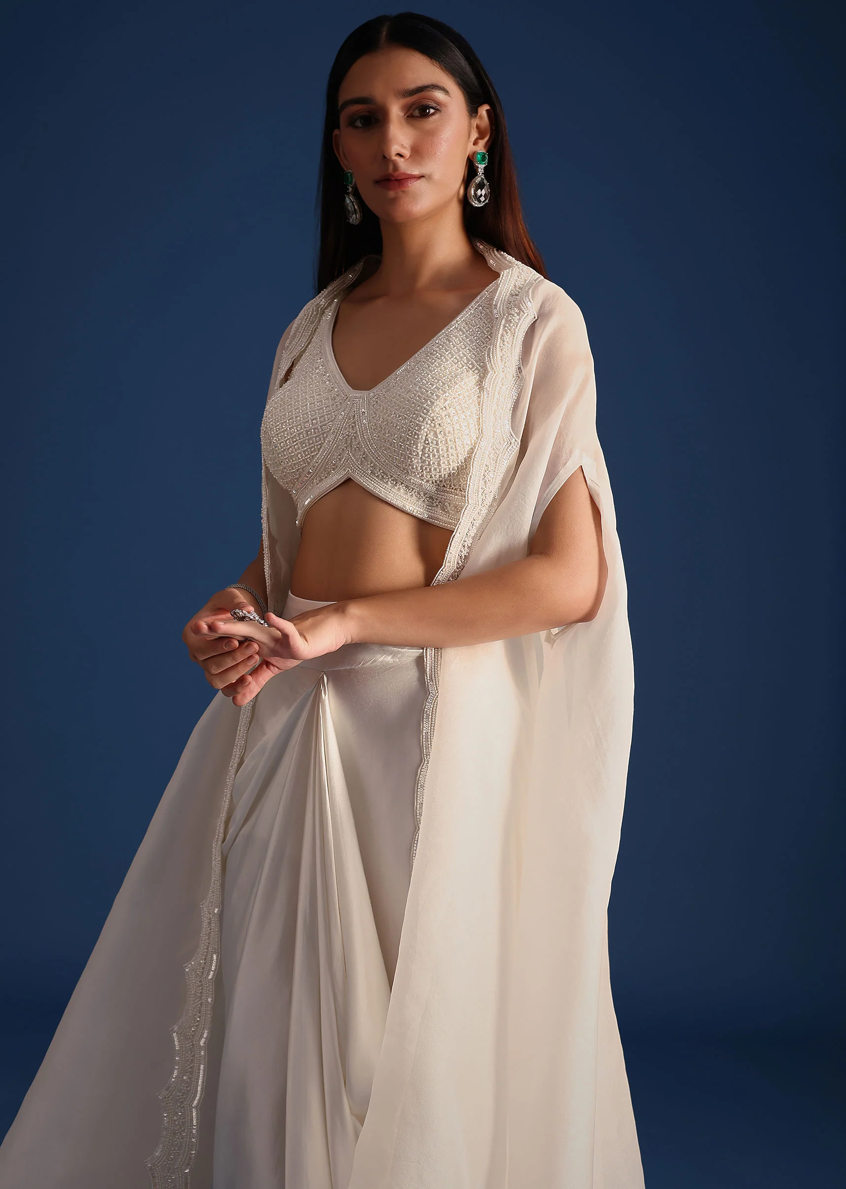 White Jacket With Embellished Blouse And Draped Skirt - Image 4