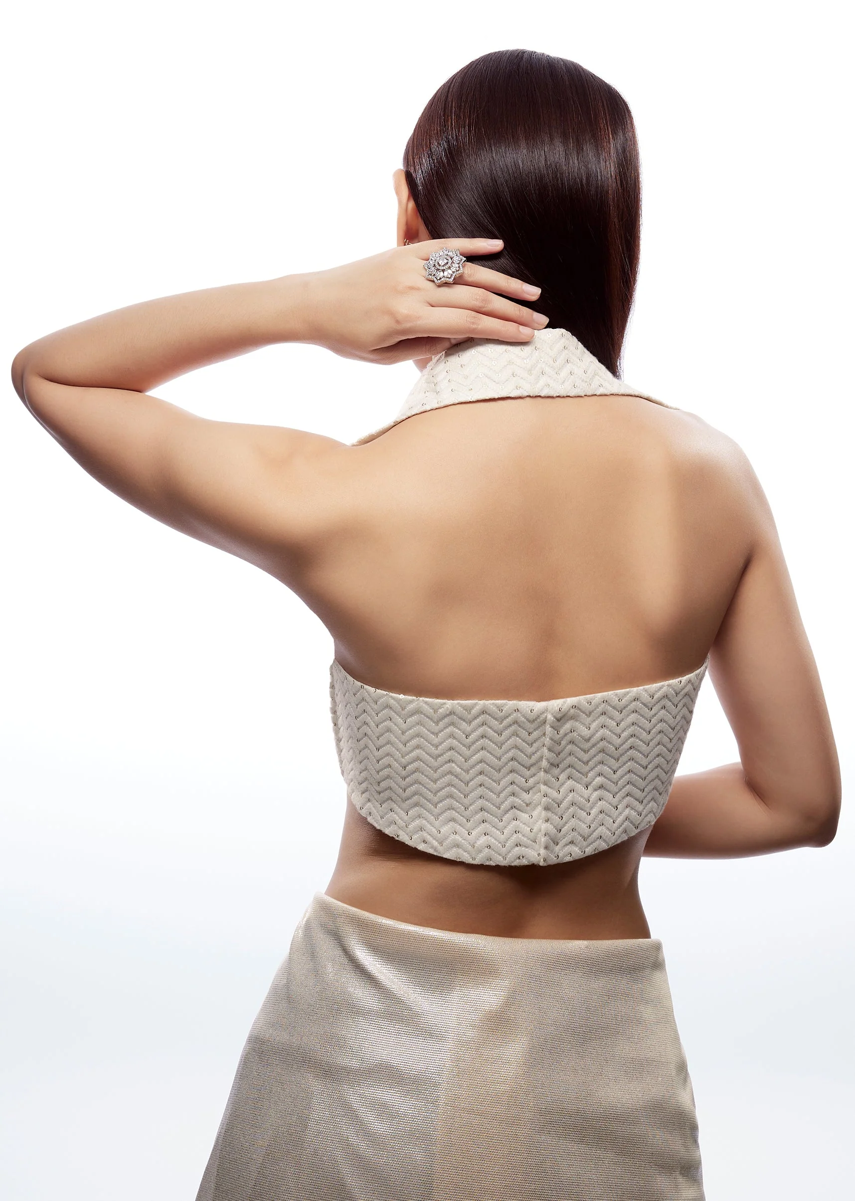 White Jacquard V Neck Blouse - Image 3