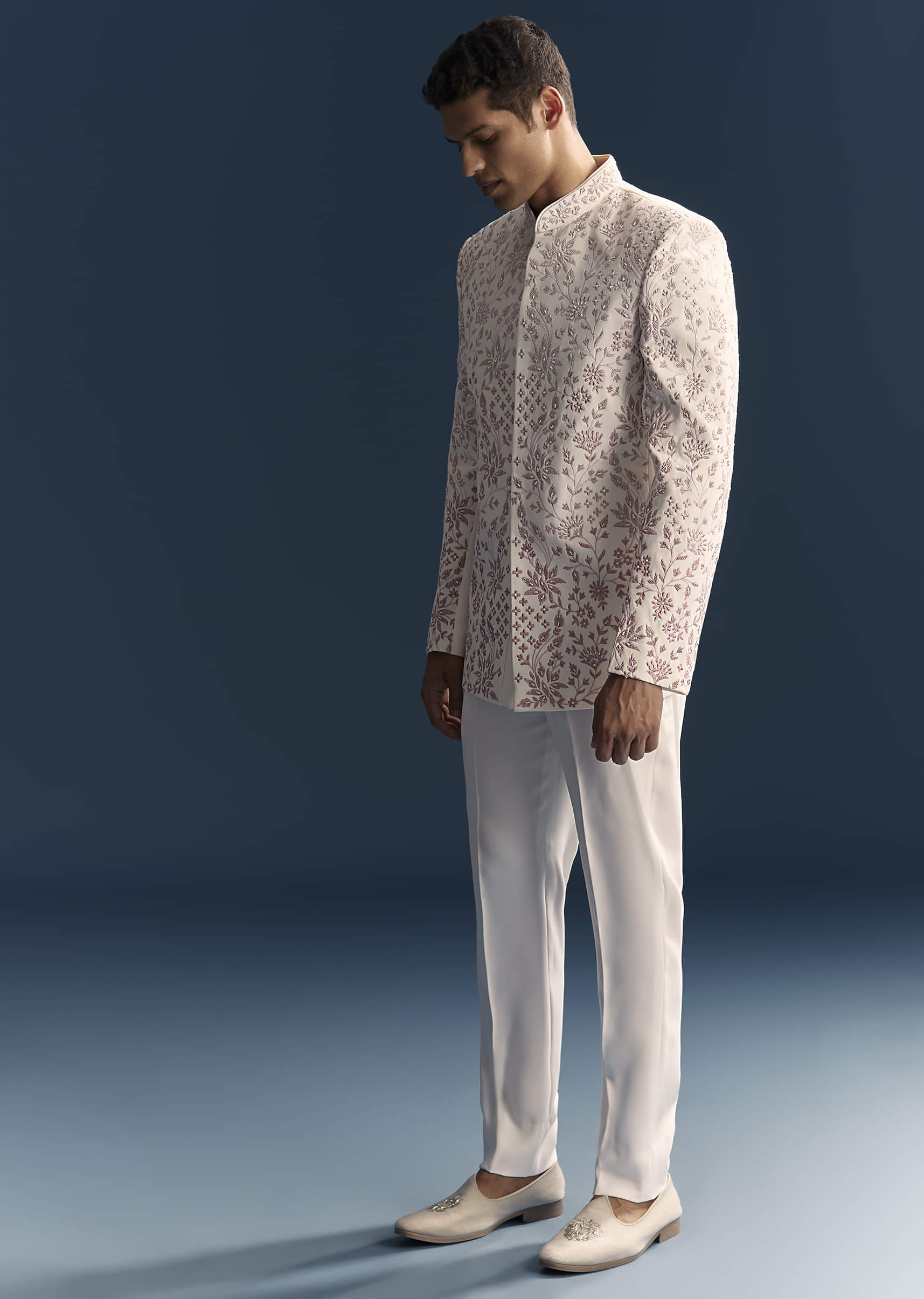White Jodhpuri Suit For Men With Thread And Moti Embroidery - Image 5