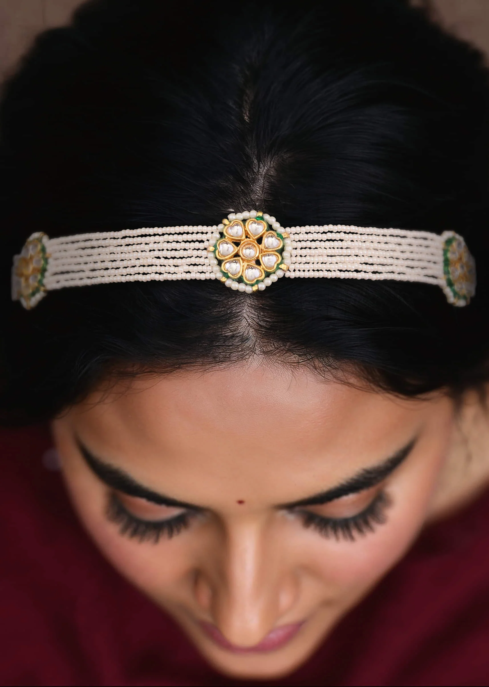 White Kundan Bead Layered Mathapatti