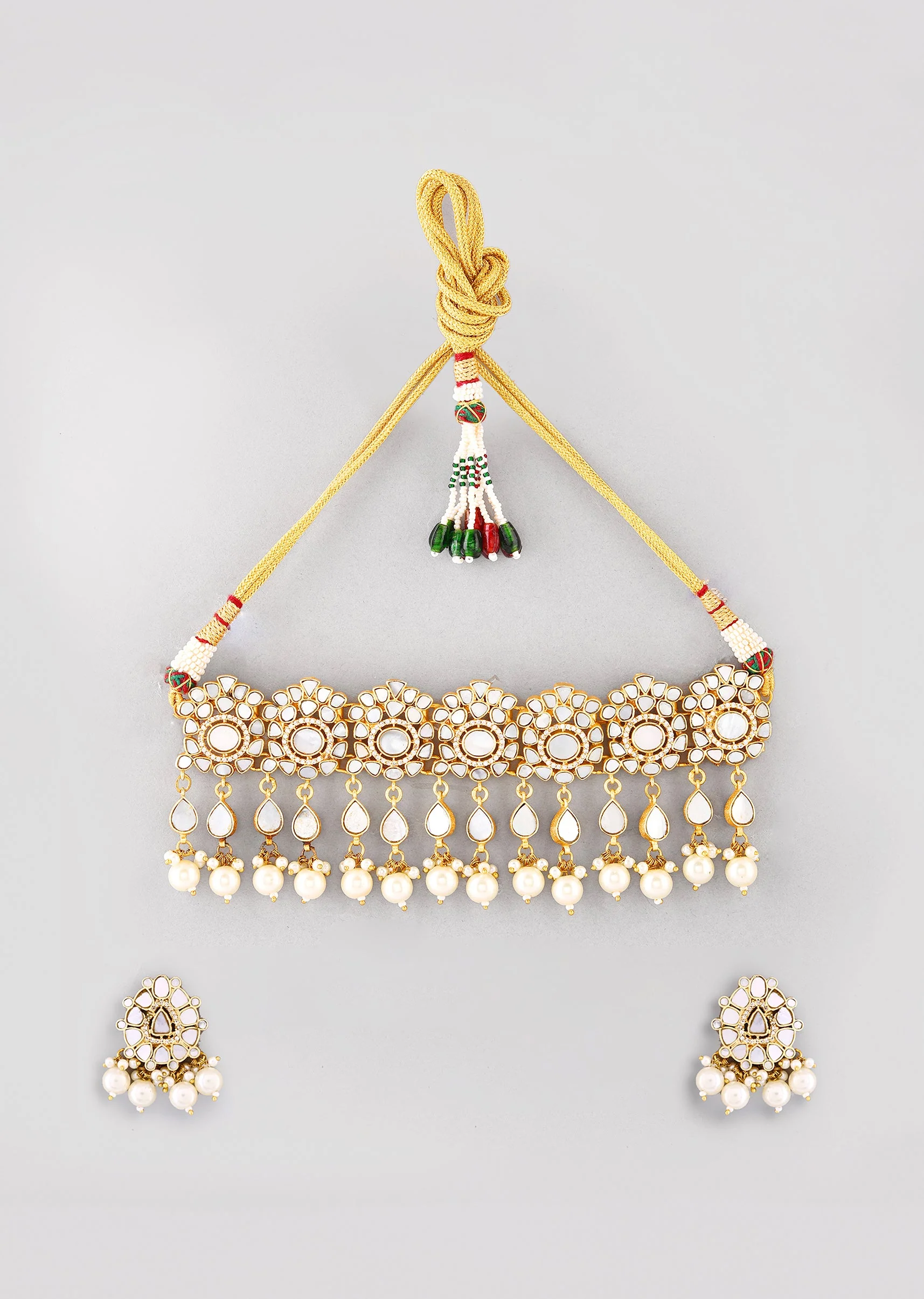 White Kundan Pendant Bead Drop Necklace and Earrings Set - Image 2