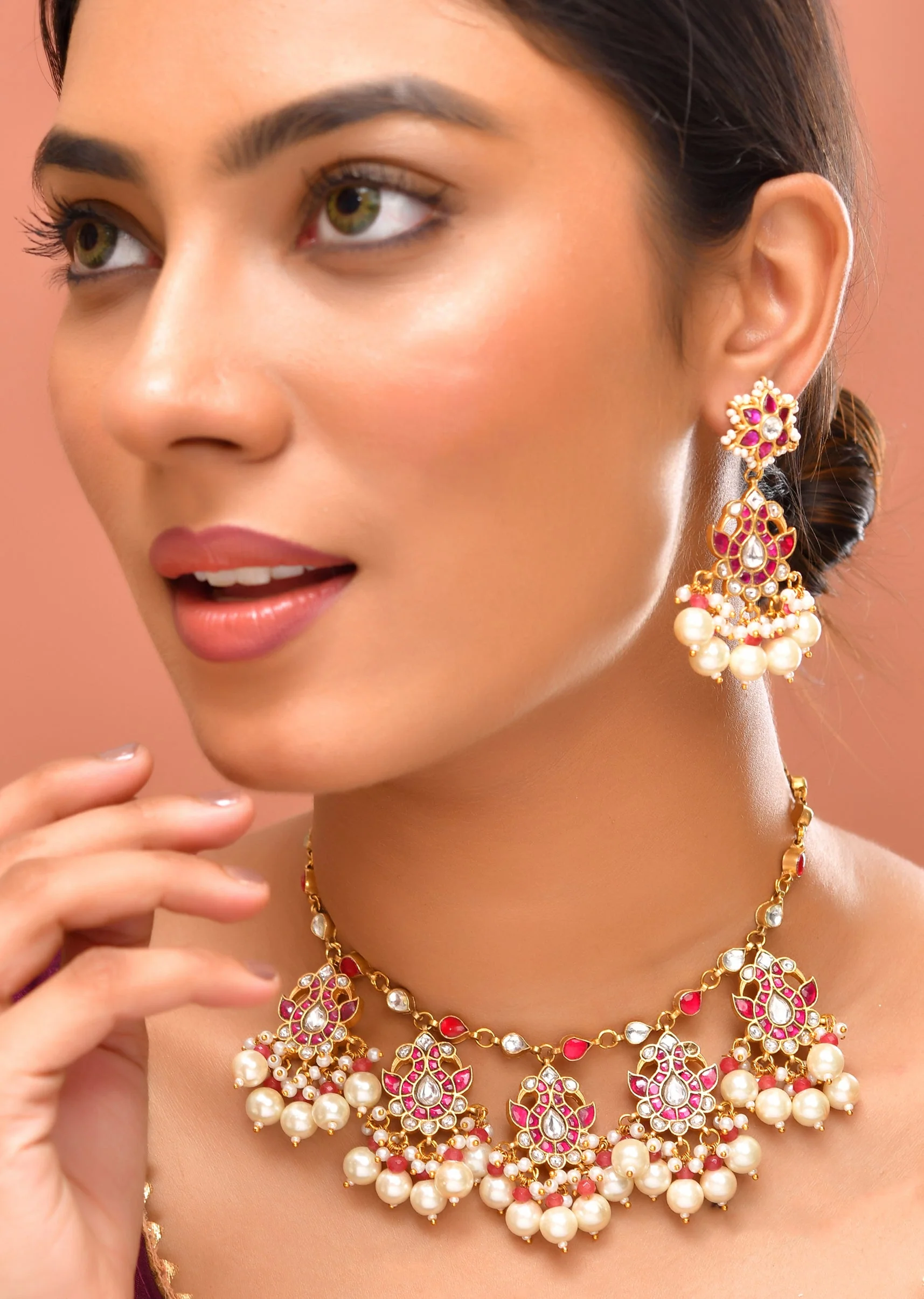 White Kundan Pendant Drop Necklace and Floral Danglers Set