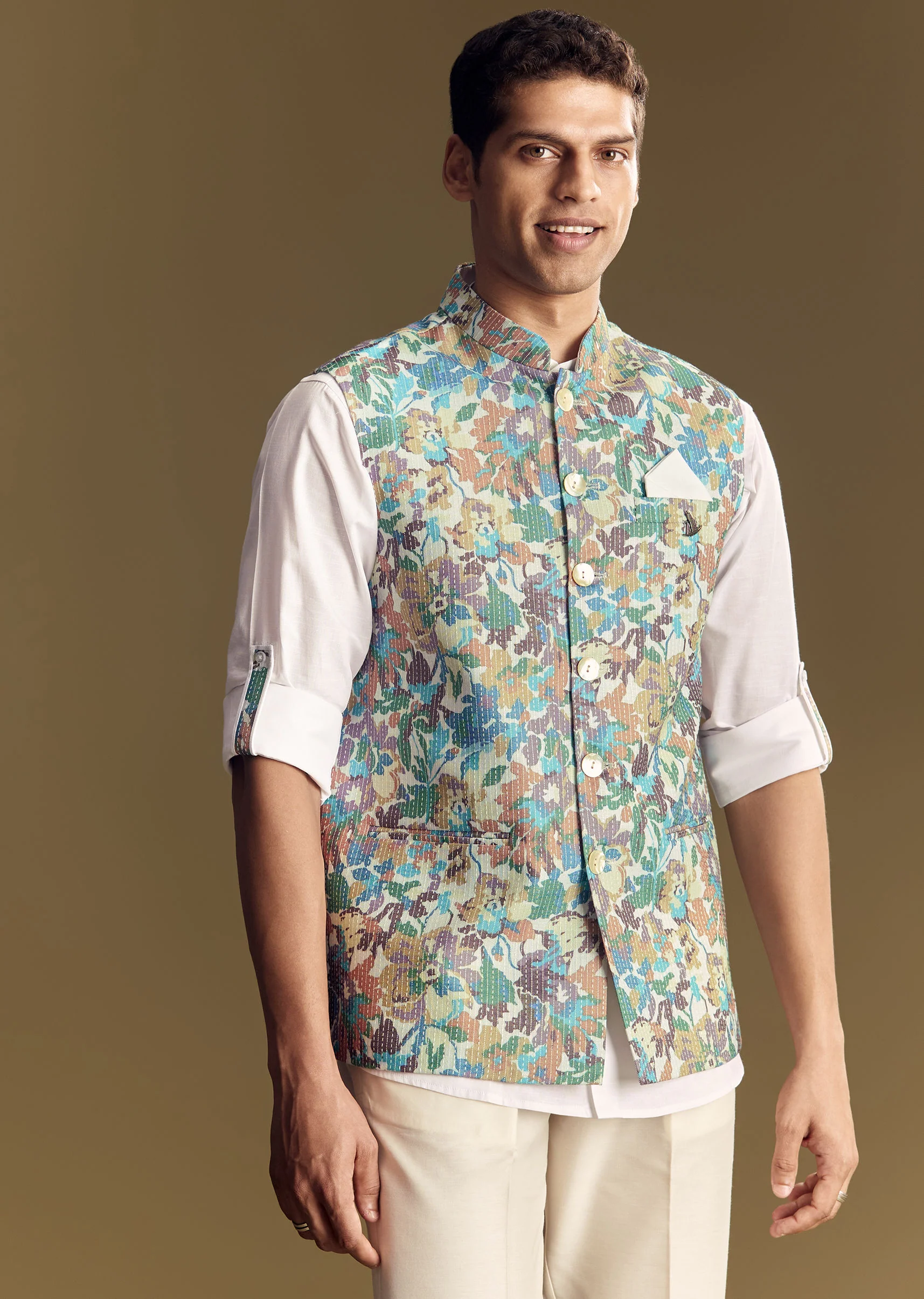 White Linen Jacket And Shirt With Multicolor Kantha Detailing - Image 3