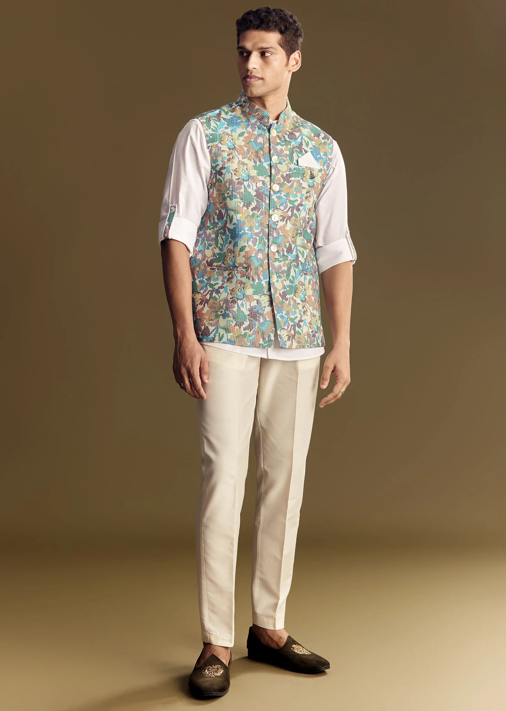 White Linen Jacket And Shirt With Multicolor Kantha Detailing - Image 4