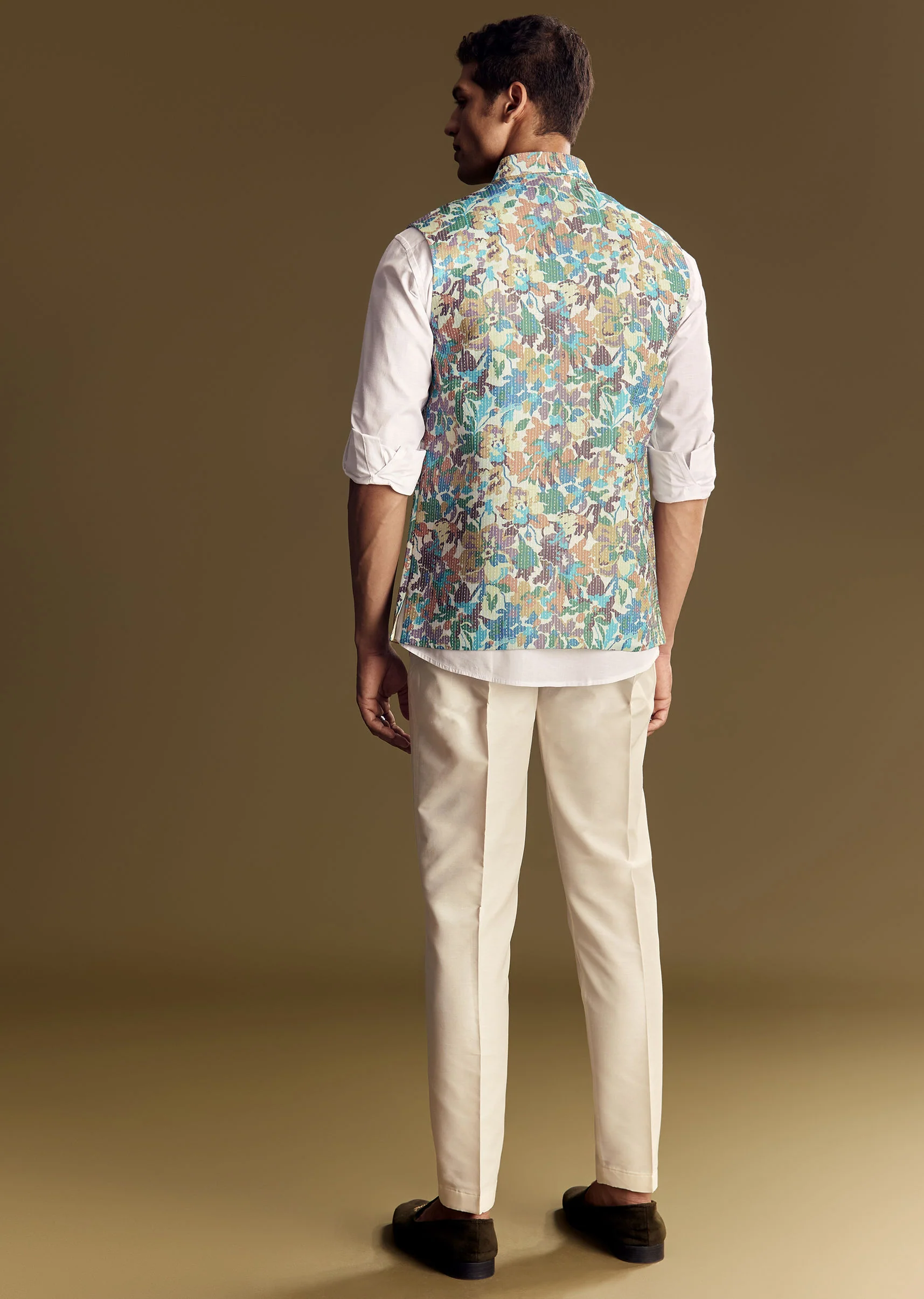 White Linen Jacket And Shirt With Multicolor Kantha Detailing - Image 5