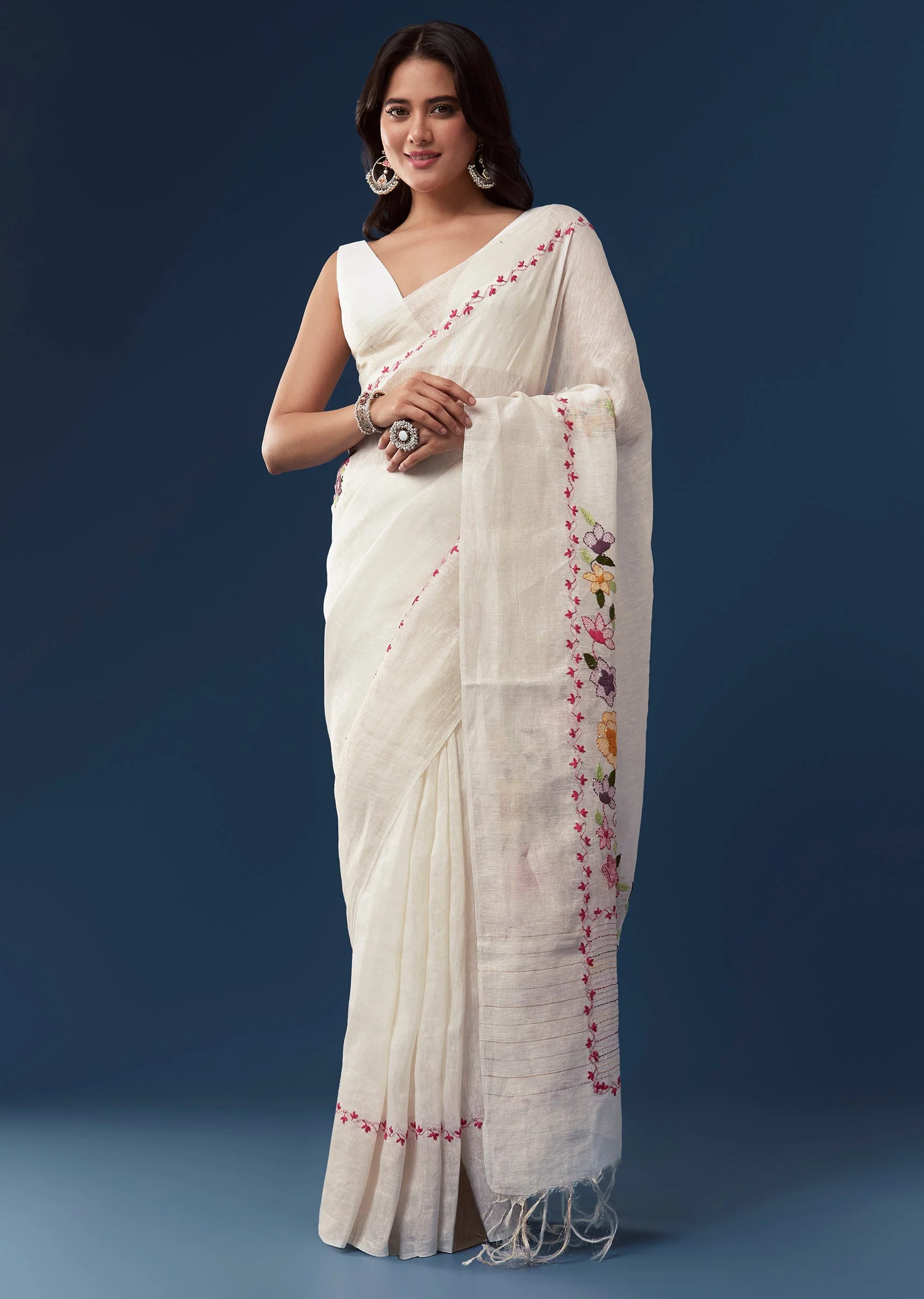 White Linen Saree With All Over Floral Resham Embroidery