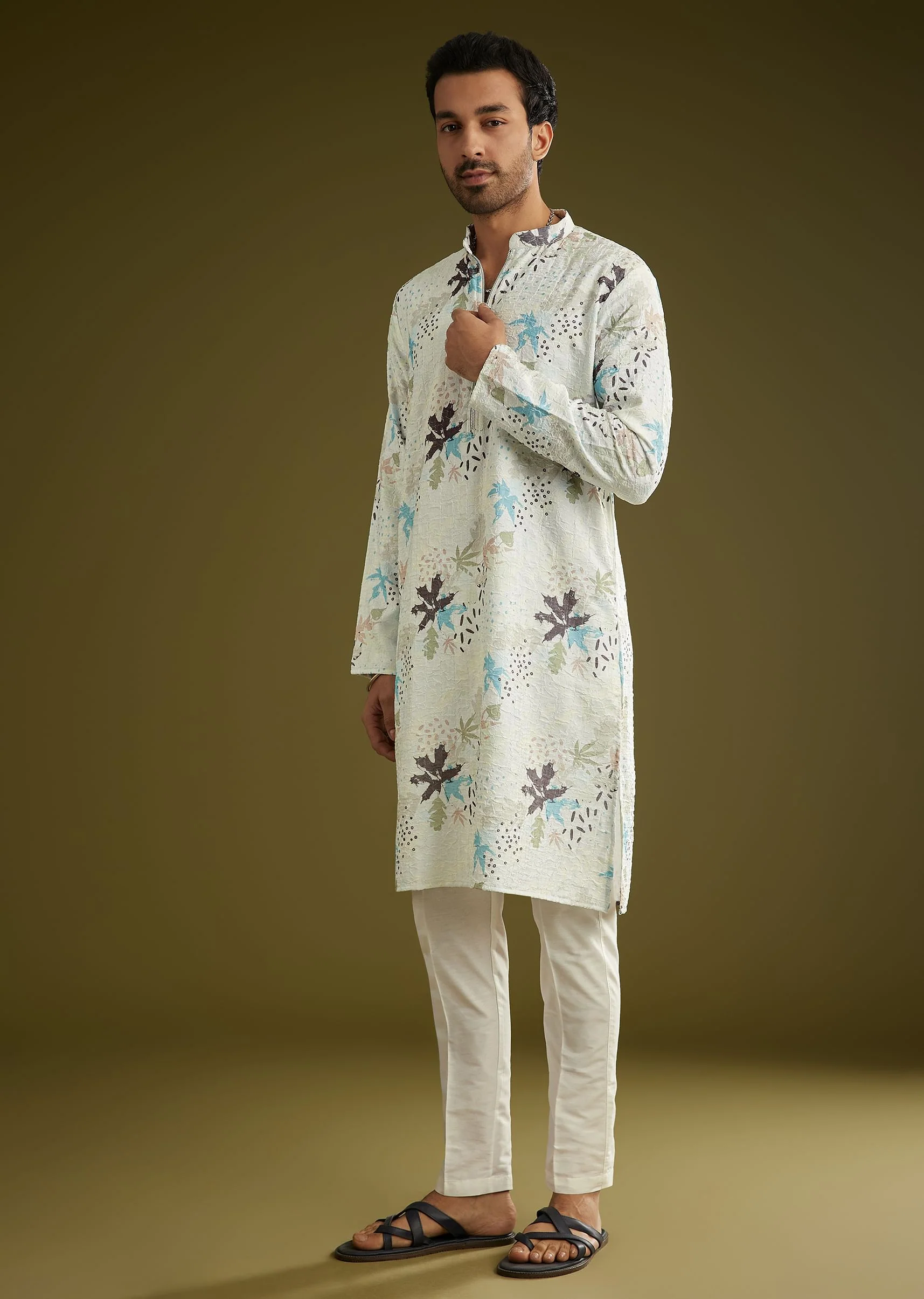 White Linen Zipper Kurta Set With Abstract Leaf Motifs - Image 3